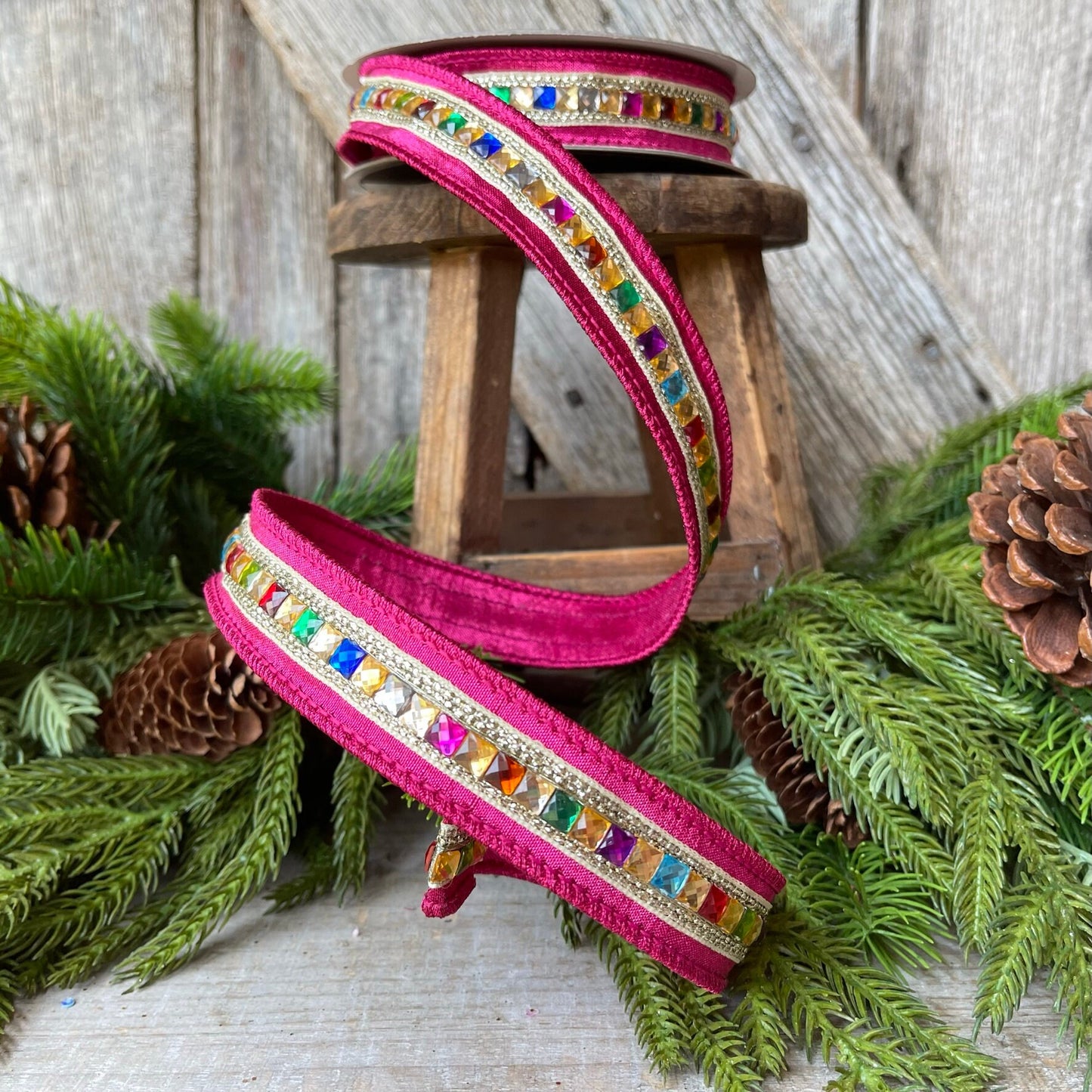 1" Hot Pink KALEIDOSCOPE Ribbon, Farrisilk Ribbon, Hot Pink Jeweled Ribbon