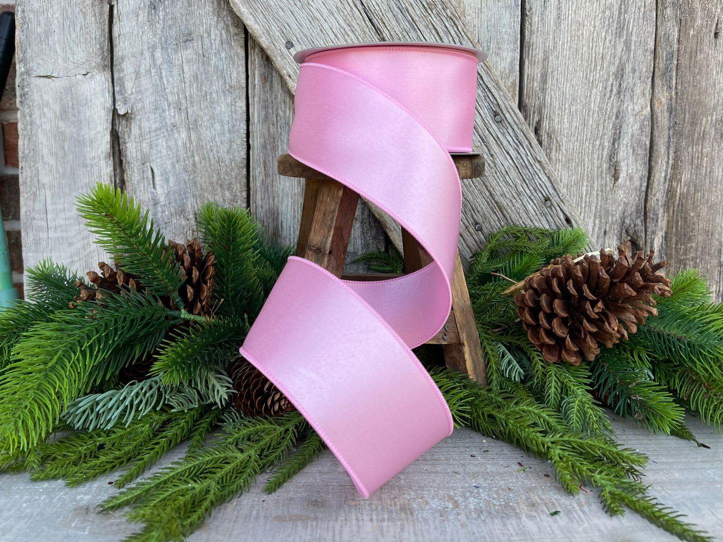 2.5" Light Pink Wired Satin Ribbon, Farrisilk Ribbon, Satin Ribbon