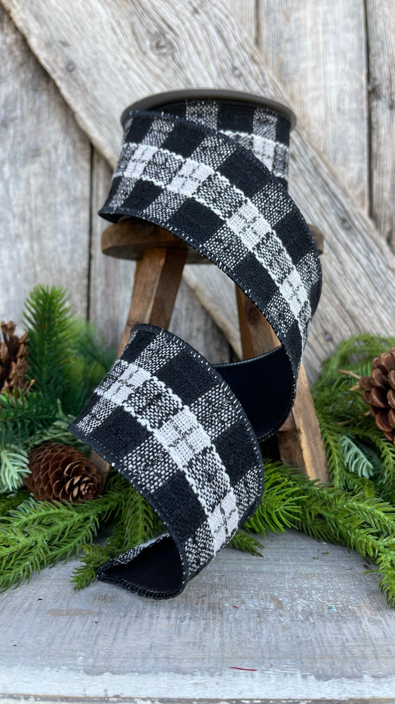 2.5" Black White Preppy Plaid Ribbon, Farrisilk Ribbon