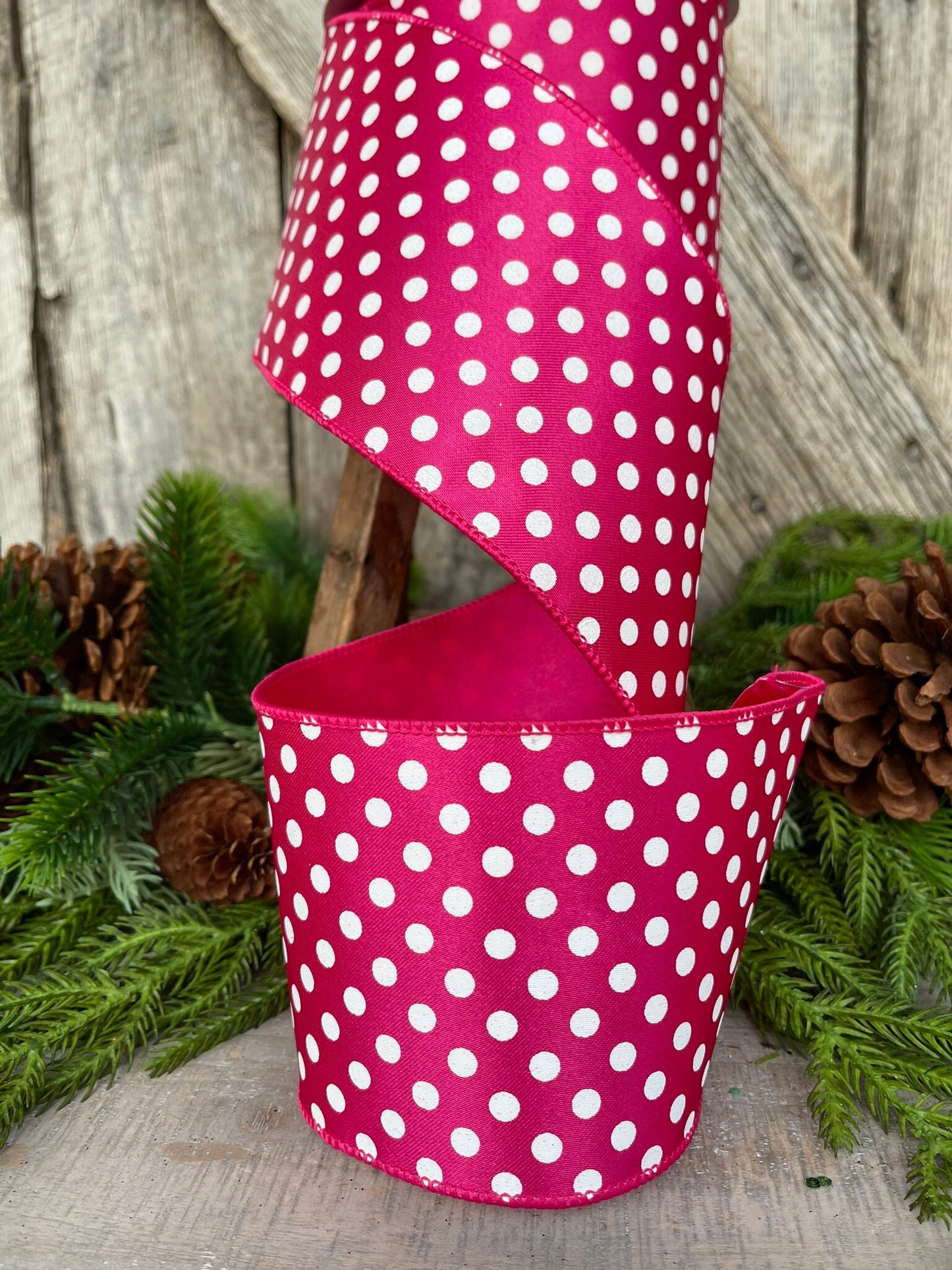 4" Hot Pink Mini Dots, Farrisilk Ribbon, Wired Ribbon
