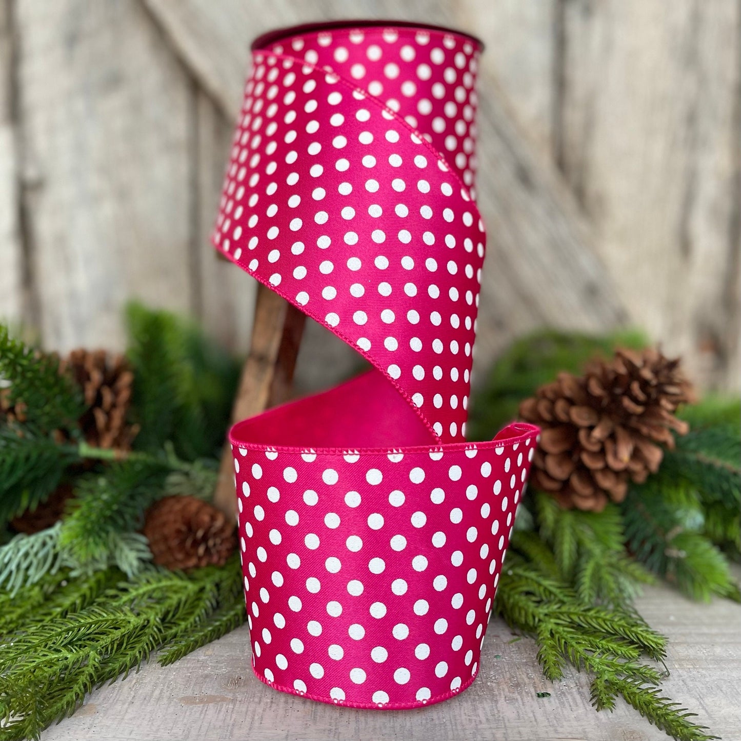 4" Hot Pink Mini Dots, Farrisilk Ribbon, Wired Ribbon
