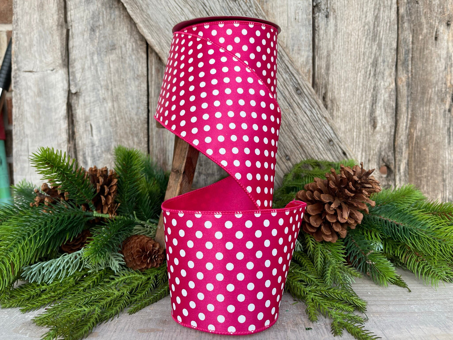 4" Hot Pink Mini Dots, Farrisilk Ribbon, Wired Ribbon