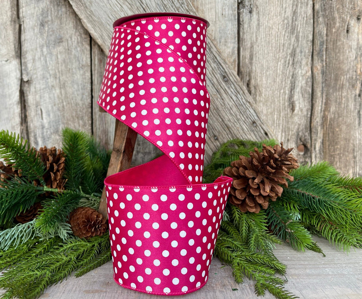 4" Hot Pink Mini Dots, Farrisilk Ribbon, Wired Ribbon