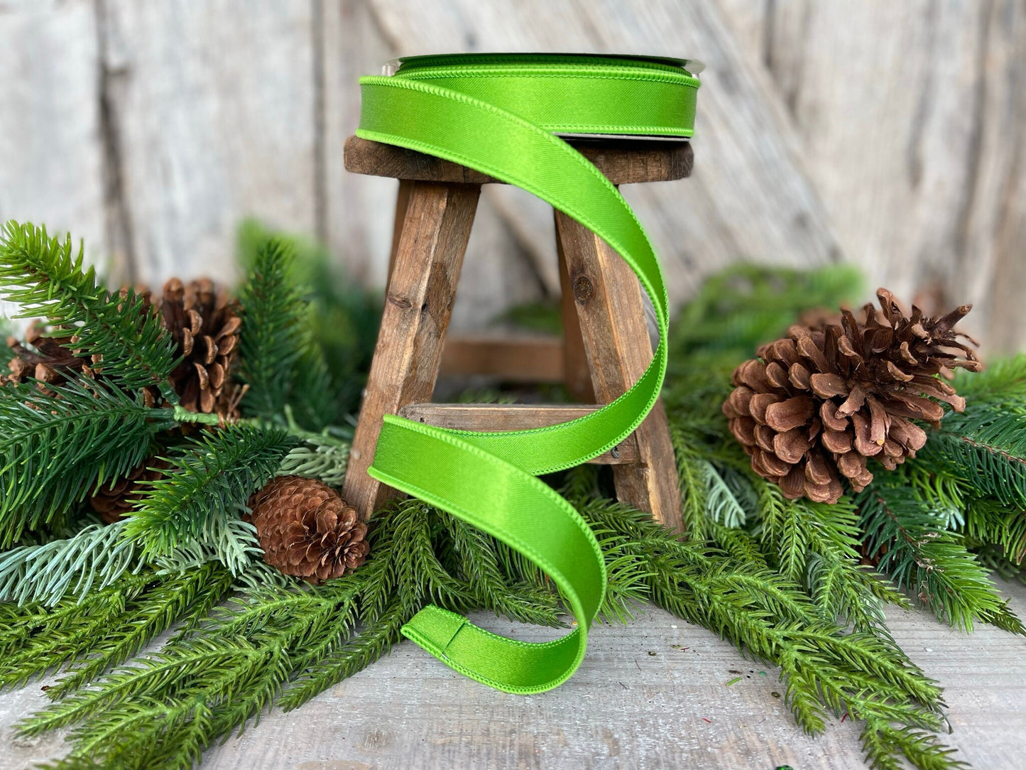 1" Lime Green Satin Ribbon, Farrisilk Ribbon, Wired Ribbon