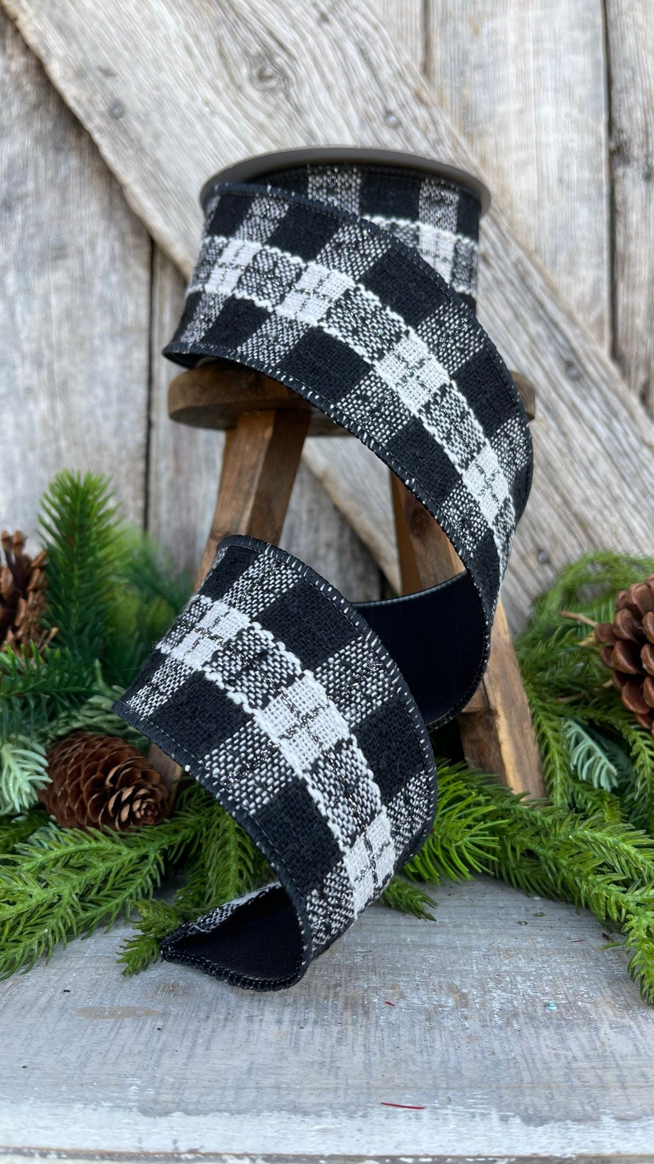 2.5" Black White Preppy Plaid Ribbon, Farrisilk Ribbon