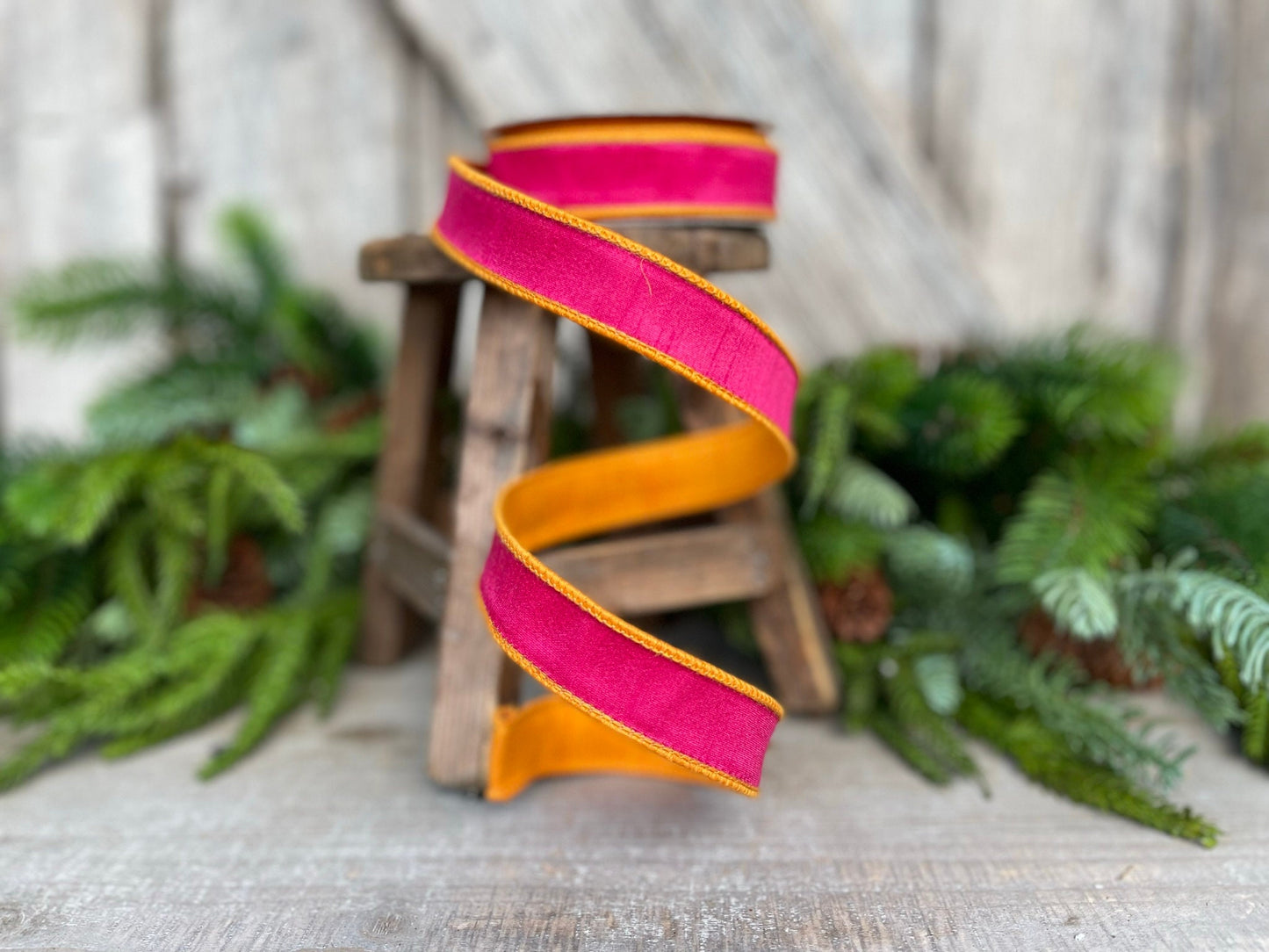 1" Pink Orange Contrast Taffeta, Farrisilk Ribbon, Wired Ribbon