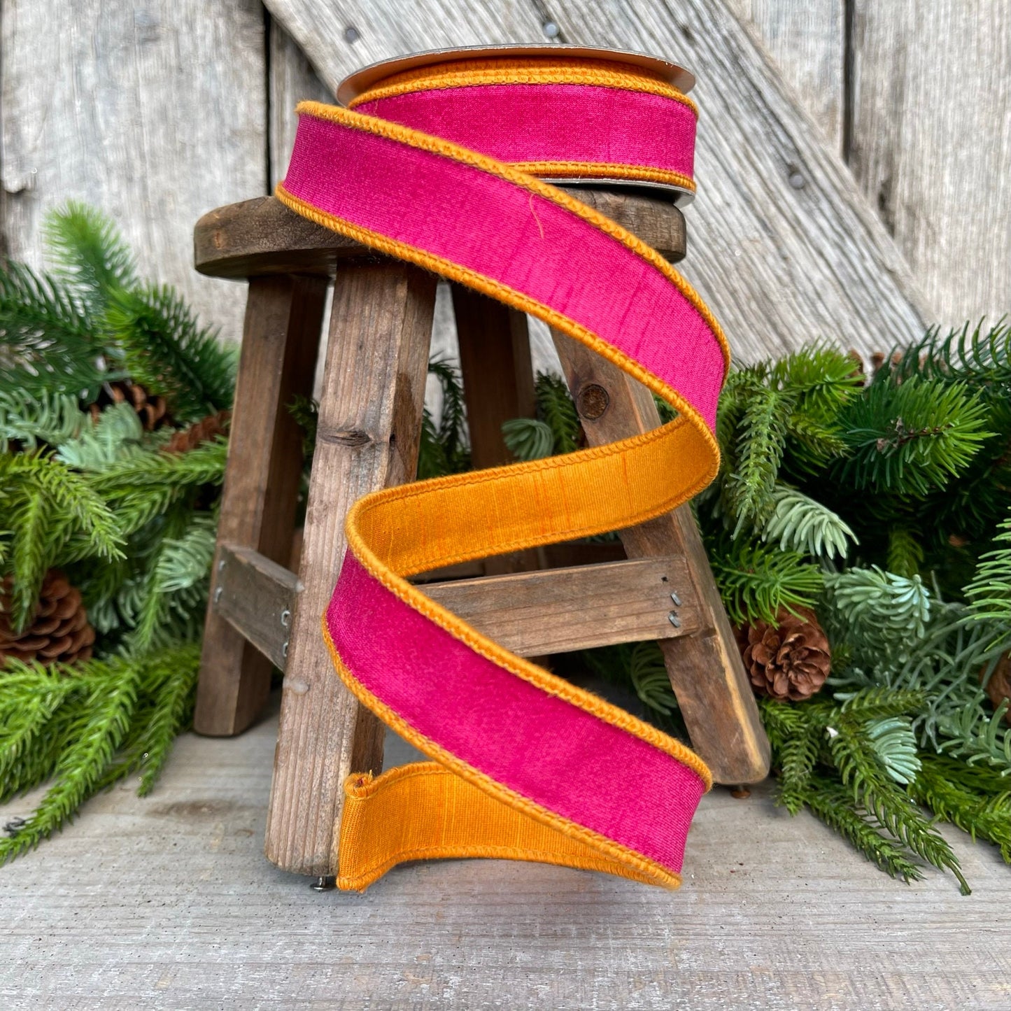 1" Pink Orange Contrast Taffeta, Farrisilk Ribbon, Wired Ribbon