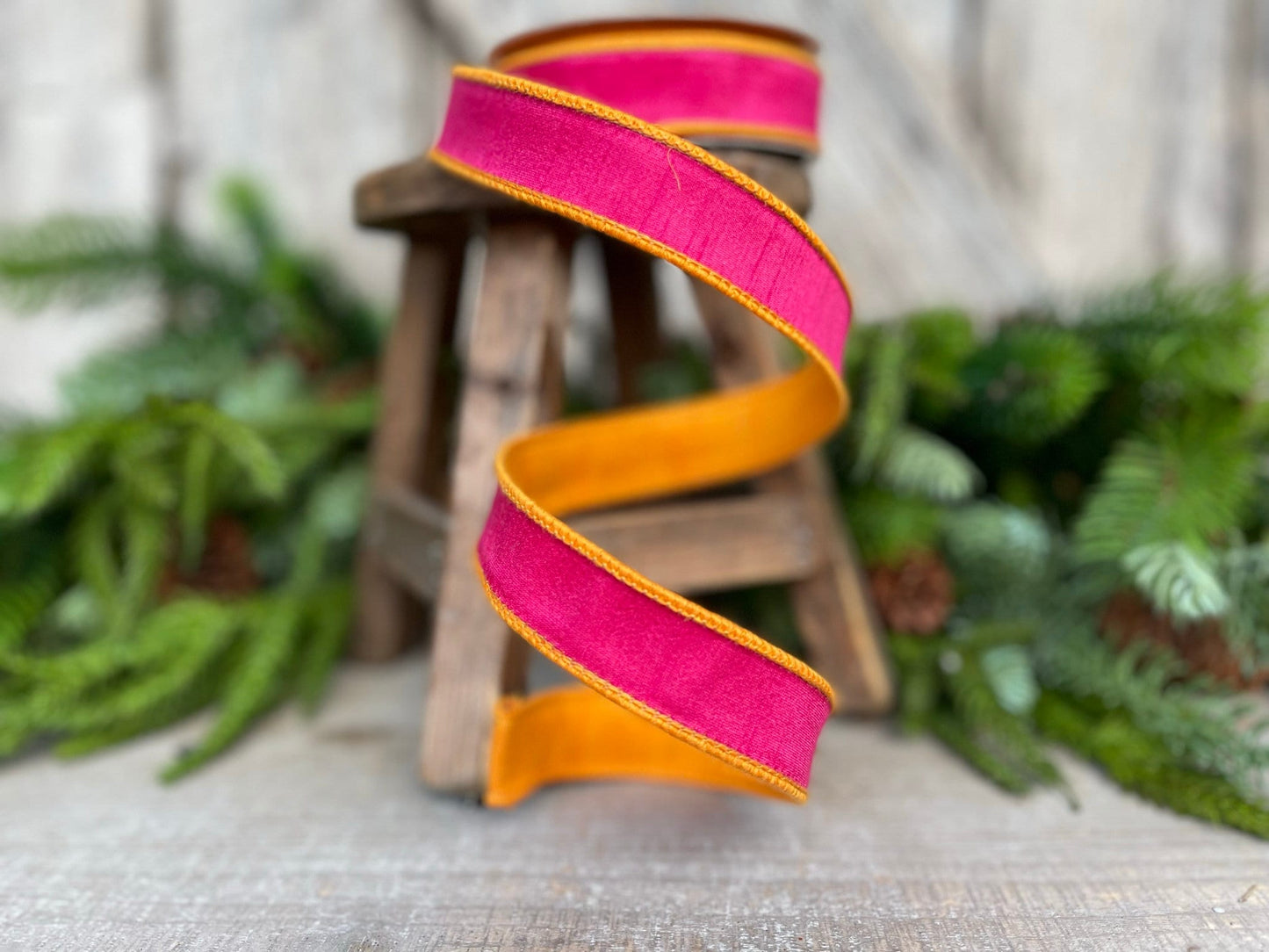 1" Pink Orange Contrast Taffeta, Farrisilk Ribbon, Wired Ribbon