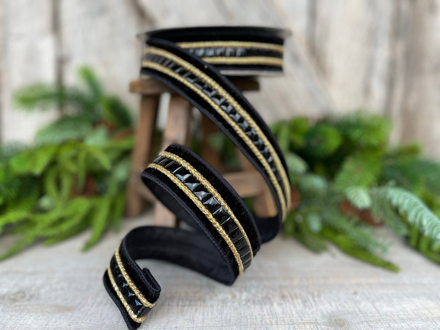 1.5" Black Gemstone Ribbon, Farrisilk Ribbon, Black Jeweled Ribbon