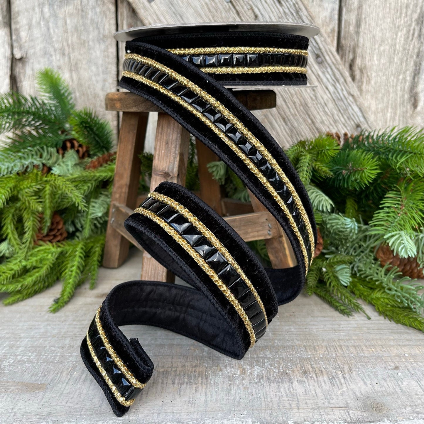 1.5" Black Gemstone Ribbon, Farrisilk Ribbon, Black Jeweled Ribbon