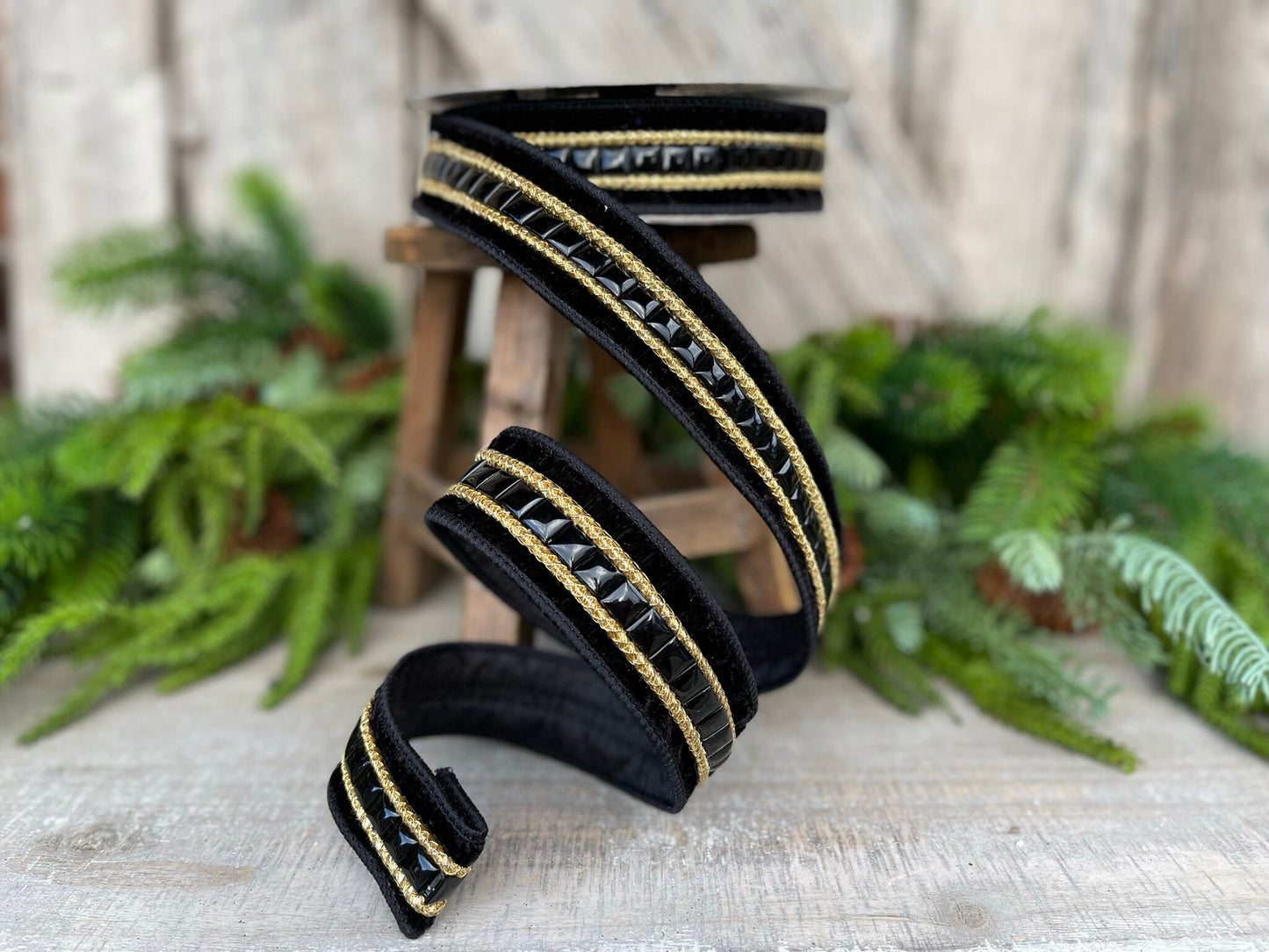 1.5" Black Gemstone Ribbon, Farrisilk Ribbon, Black Jeweled Ribbon