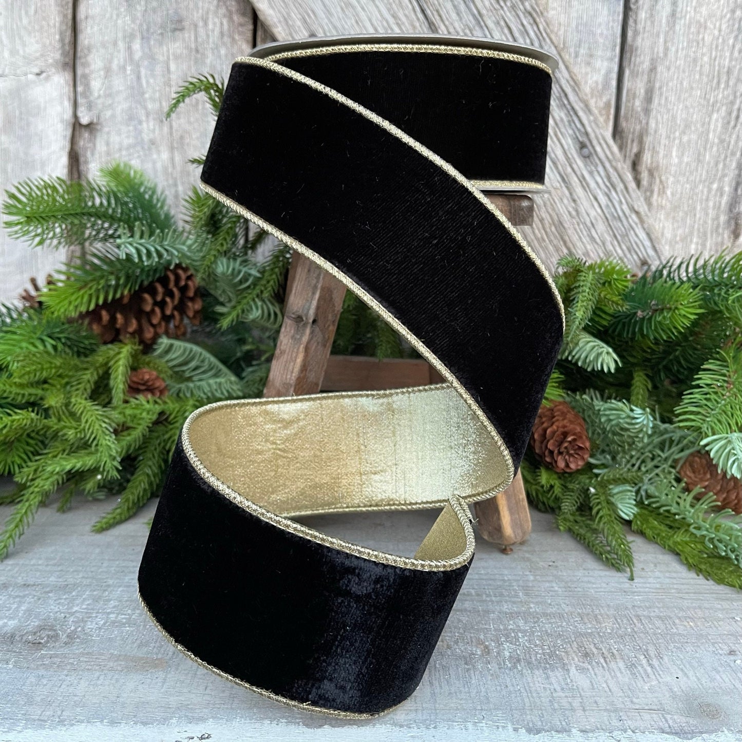 2.5" Black Flashy Velvet, Farrisilk Ribbon, Wired Ribbon