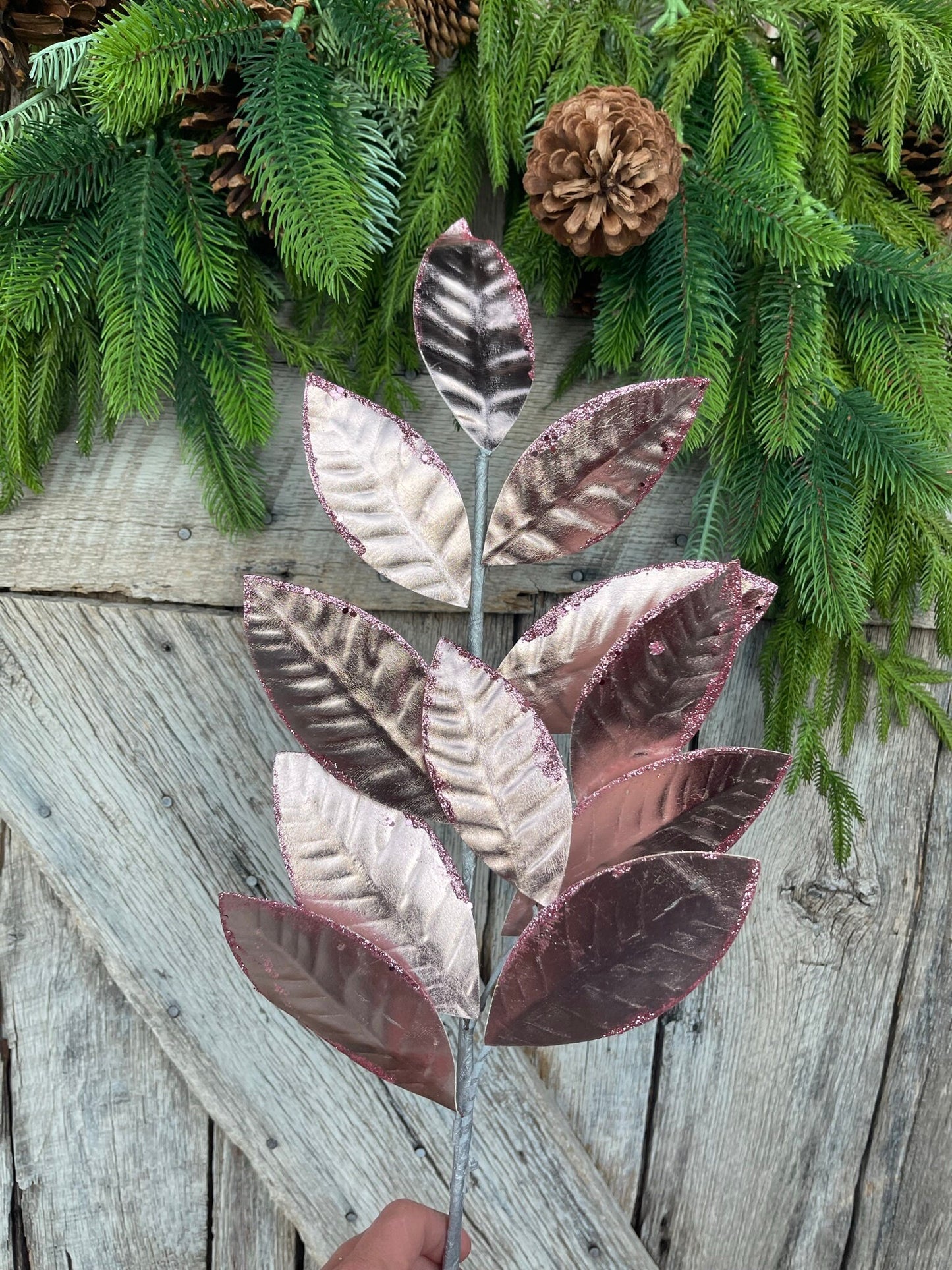 27" Pink Leaf Spray, Christmas Leaves Spray