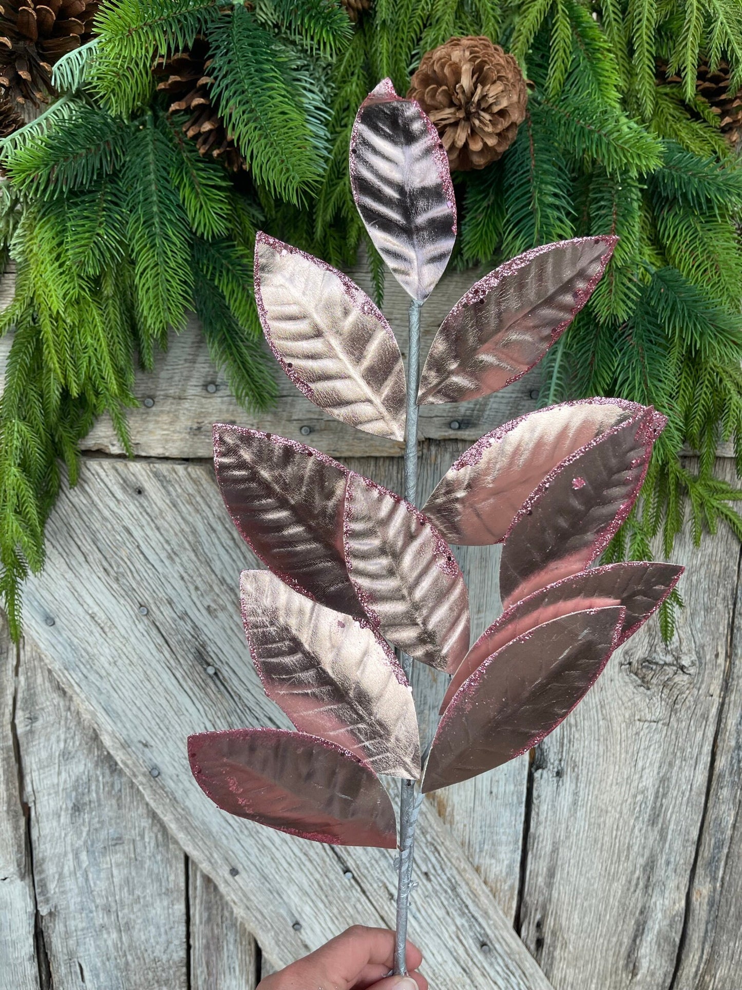 27" Pink Leaf Spray, Christmas Leaves Spray