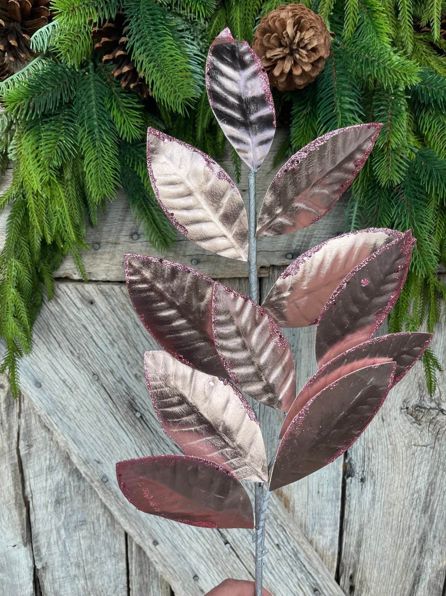 27" Pink Leaf Spray, Christmas Leaves Spray