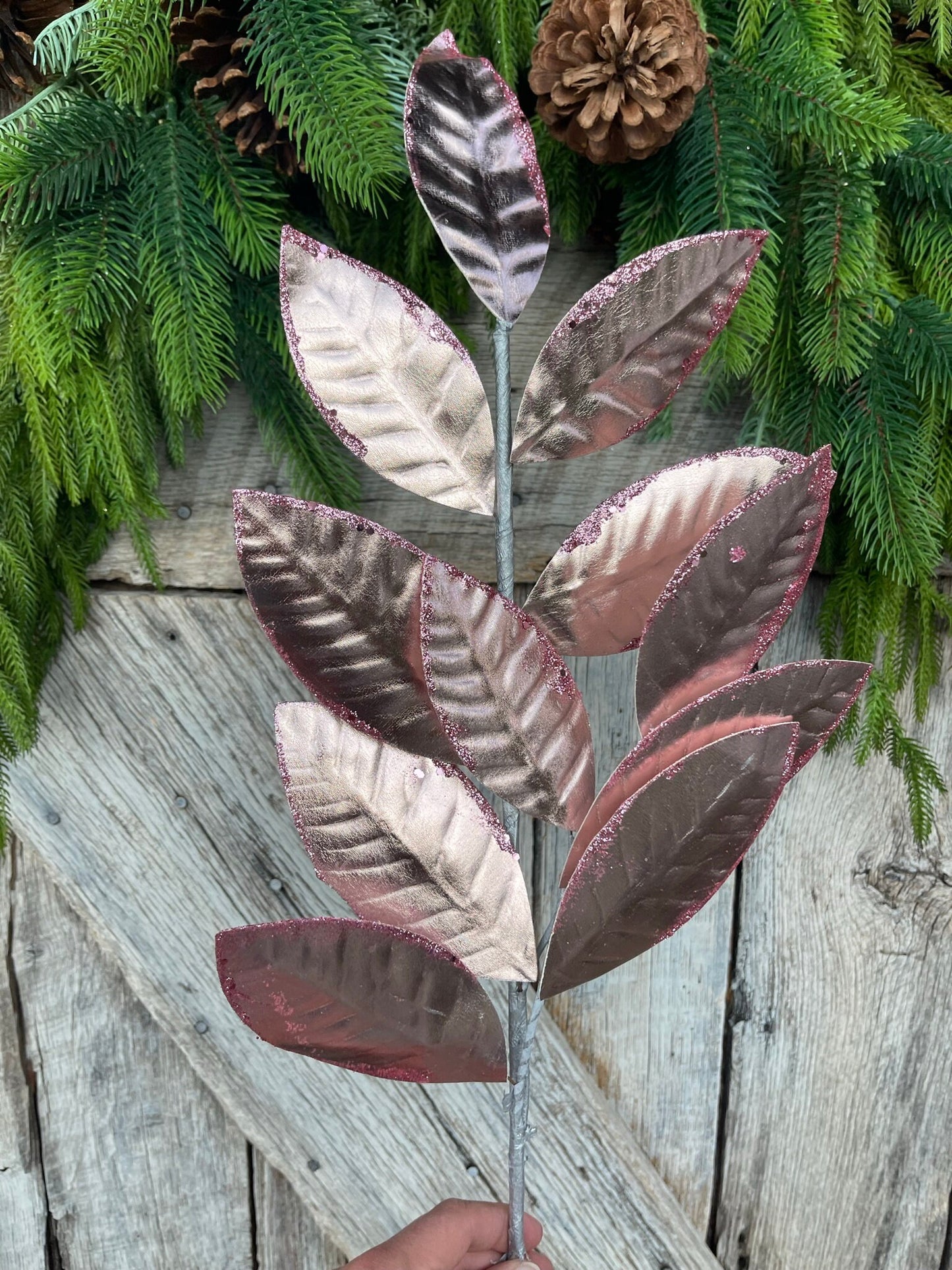 27" Pink Leaf Spray, Christmas Leaves Spray