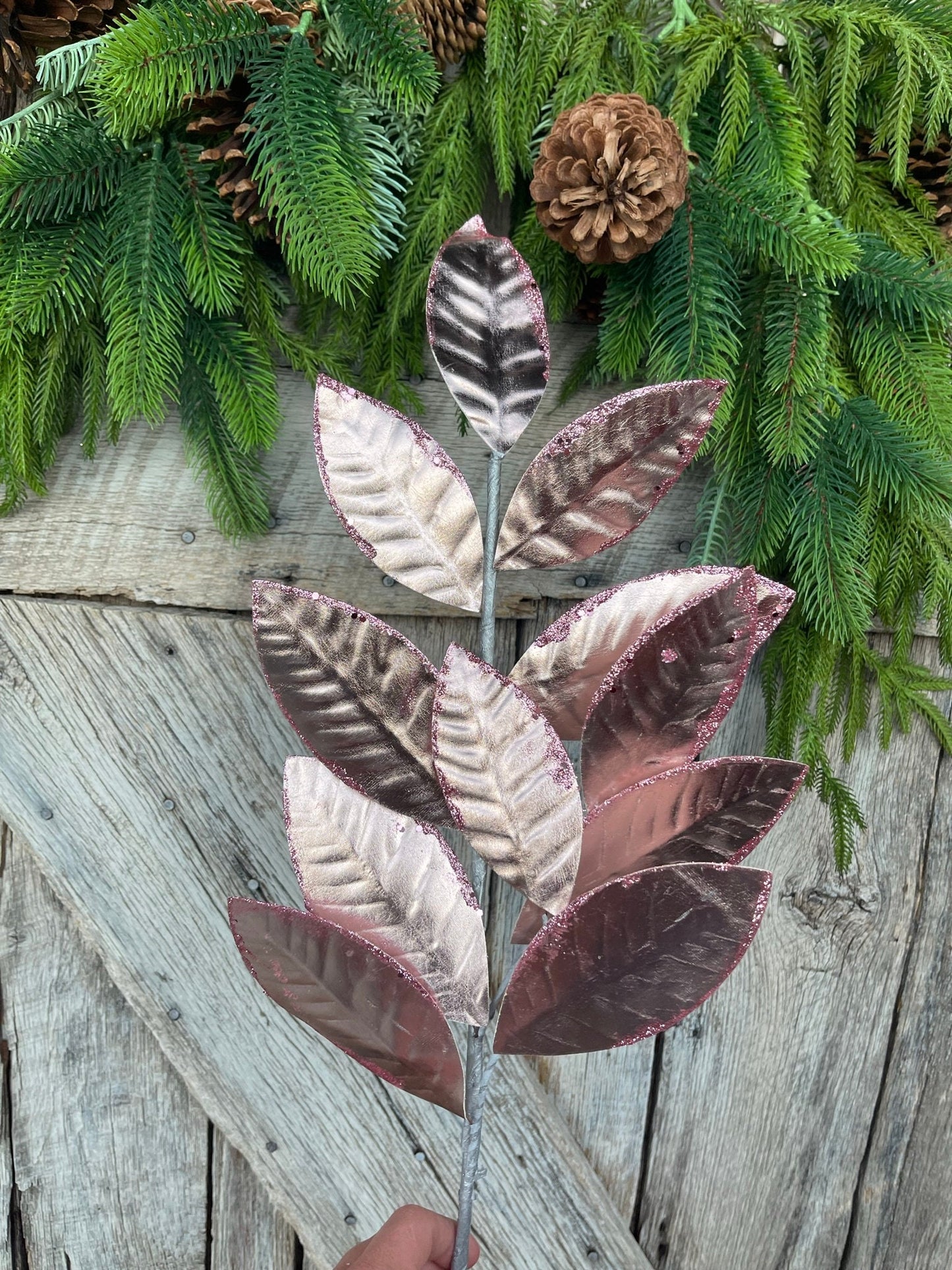 27" Pink Leaf Spray, Christmas Leaves Spray