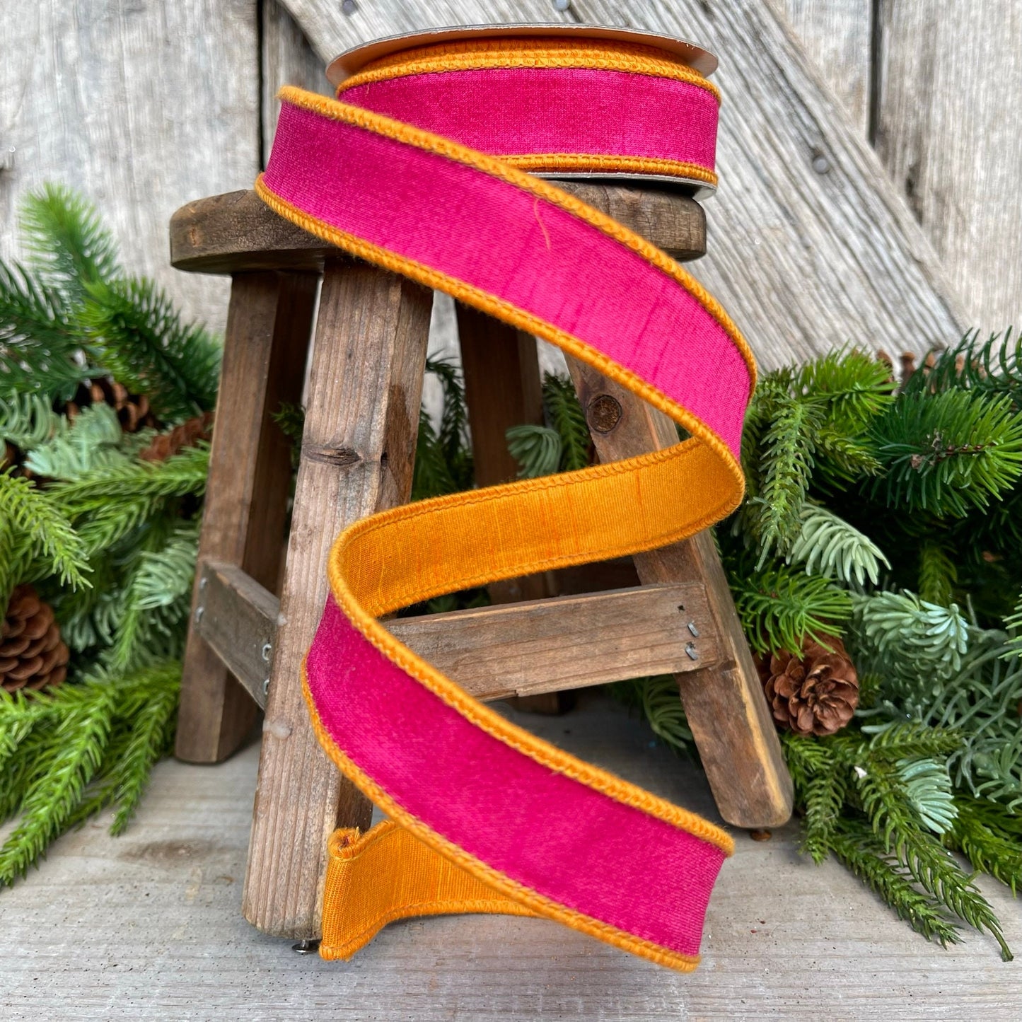 1" Pink Orange Contrast Taffeta, Farrisilk Ribbon, Wired Ribbon