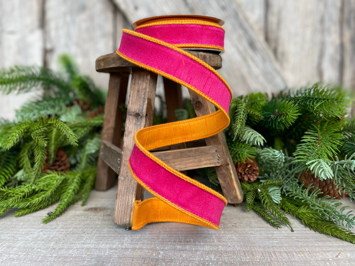 1" Pink Orange Contrast Taffeta, Farrisilk Ribbon, Wired Ribbon