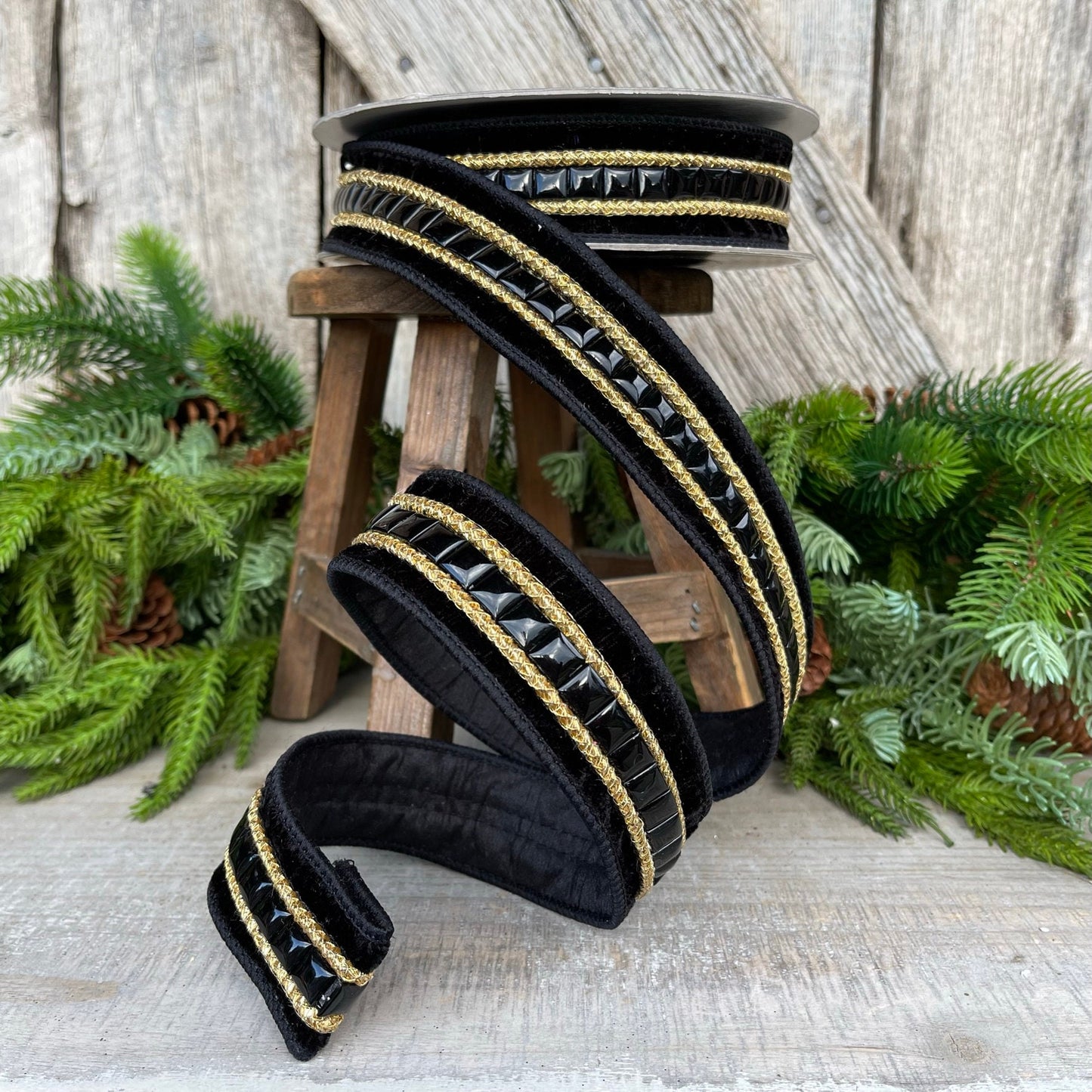 1.5" Black Gemstone Ribbon, Farrisilk Ribbon, Black Jeweled Ribbon