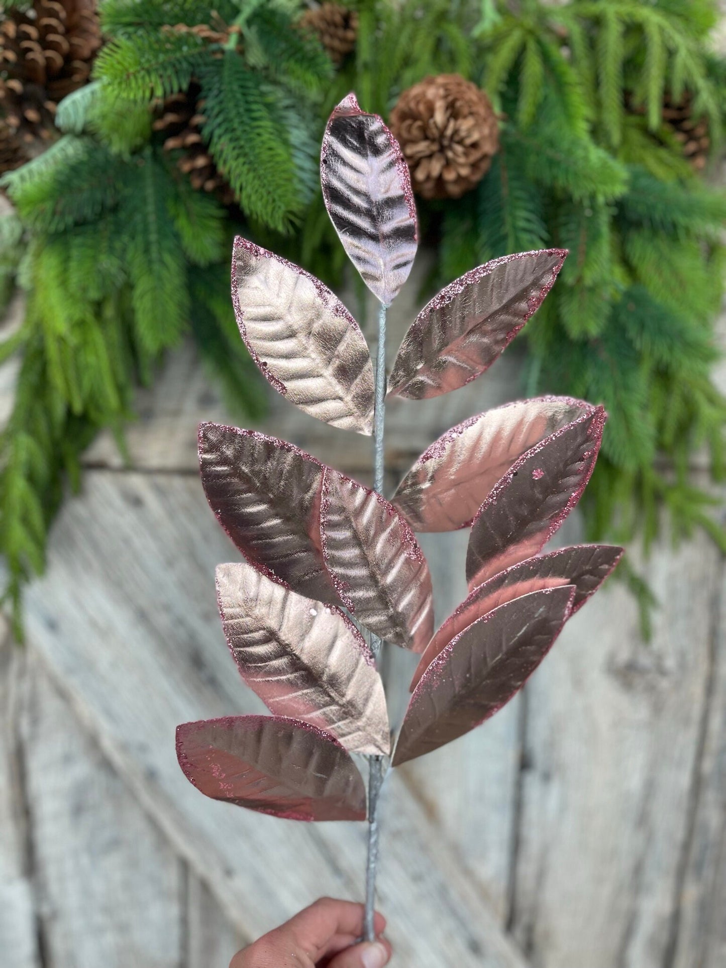 27" Pink Leaf Spray, Christmas Leaves Spray