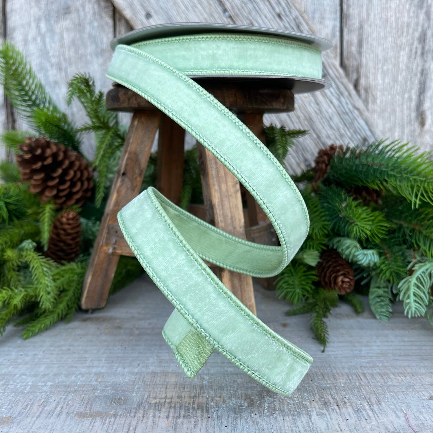 1" Mint Green Velvet Ribbon, Farrisilk Shabby Silk