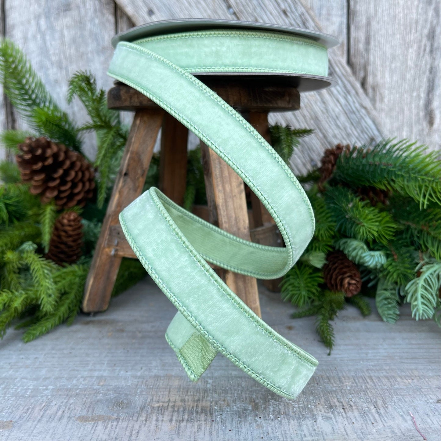 1" Mint Green Velvet Ribbon, Farrisilk Shabby Silk