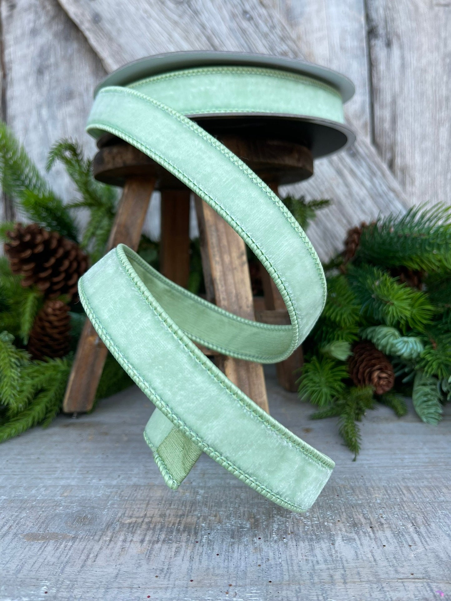 1" Mint Green Velvet Ribbon, Farrisilk Shabby Silk
