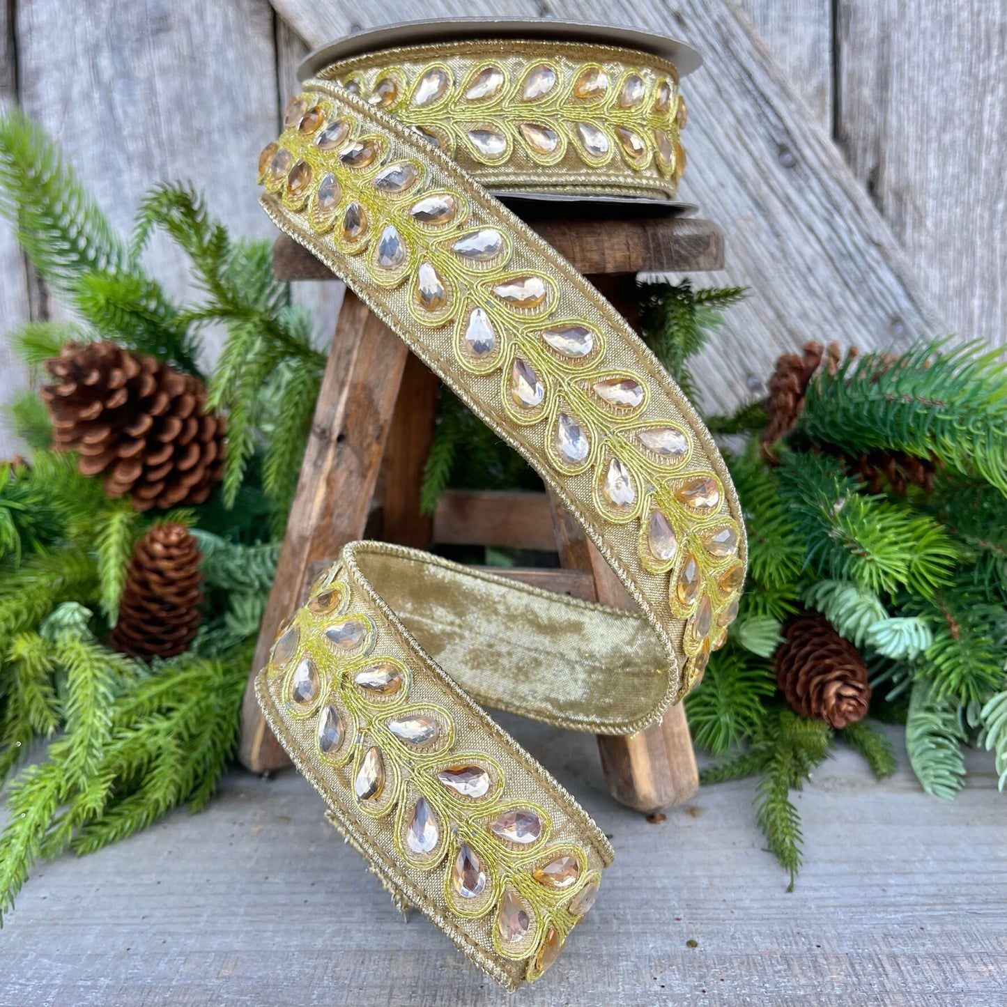 1.5" Gold Jeweled Ribbon, Farrisilk Ribbon, Wired Ribbon
