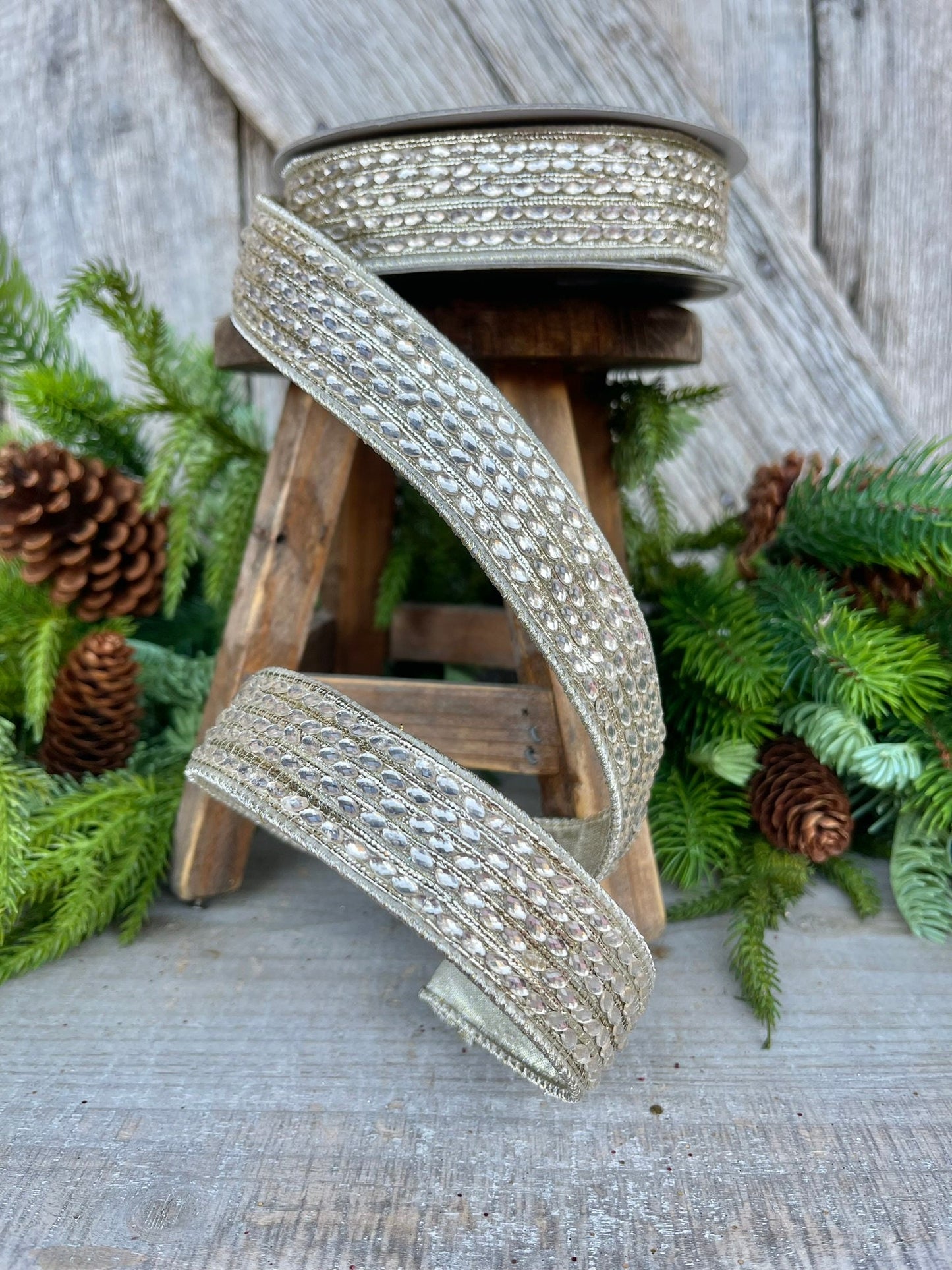 1" Platinum Jeweled RIbbon, Farrisilk Ribbon
