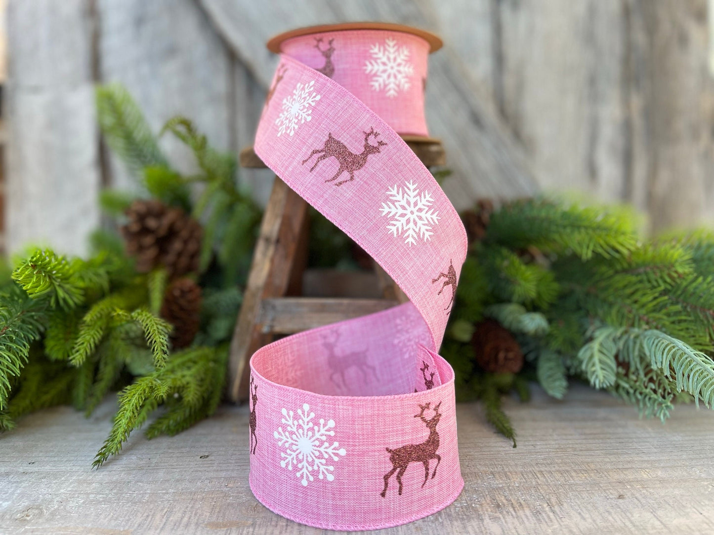 2.5" Pink Deer Christmas RIbbon, Wired Ribbon, Christmas Ribbon with Deer