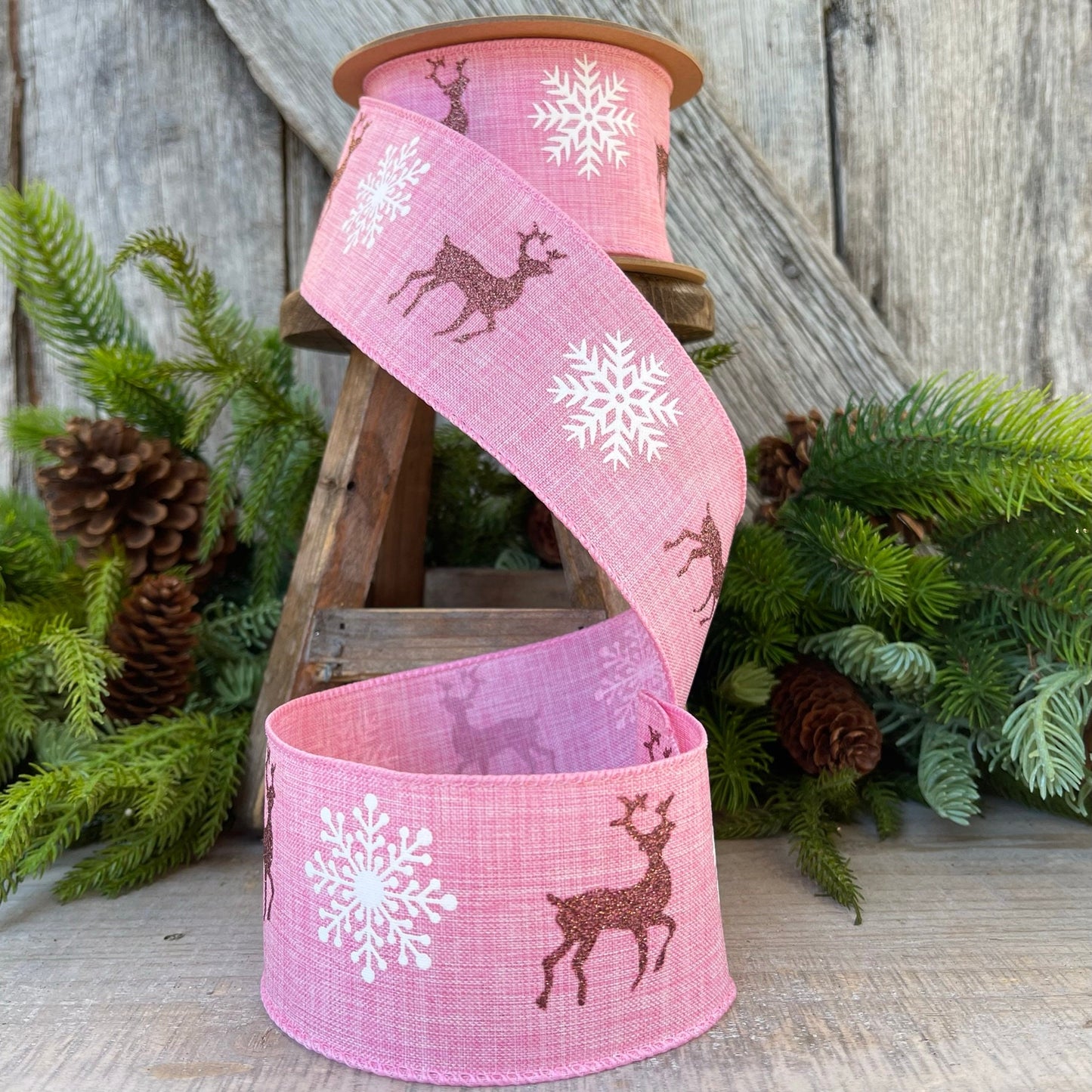 2.5" Pink Deer Christmas RIbbon, Wired Ribbon, Christmas Ribbon with Deer