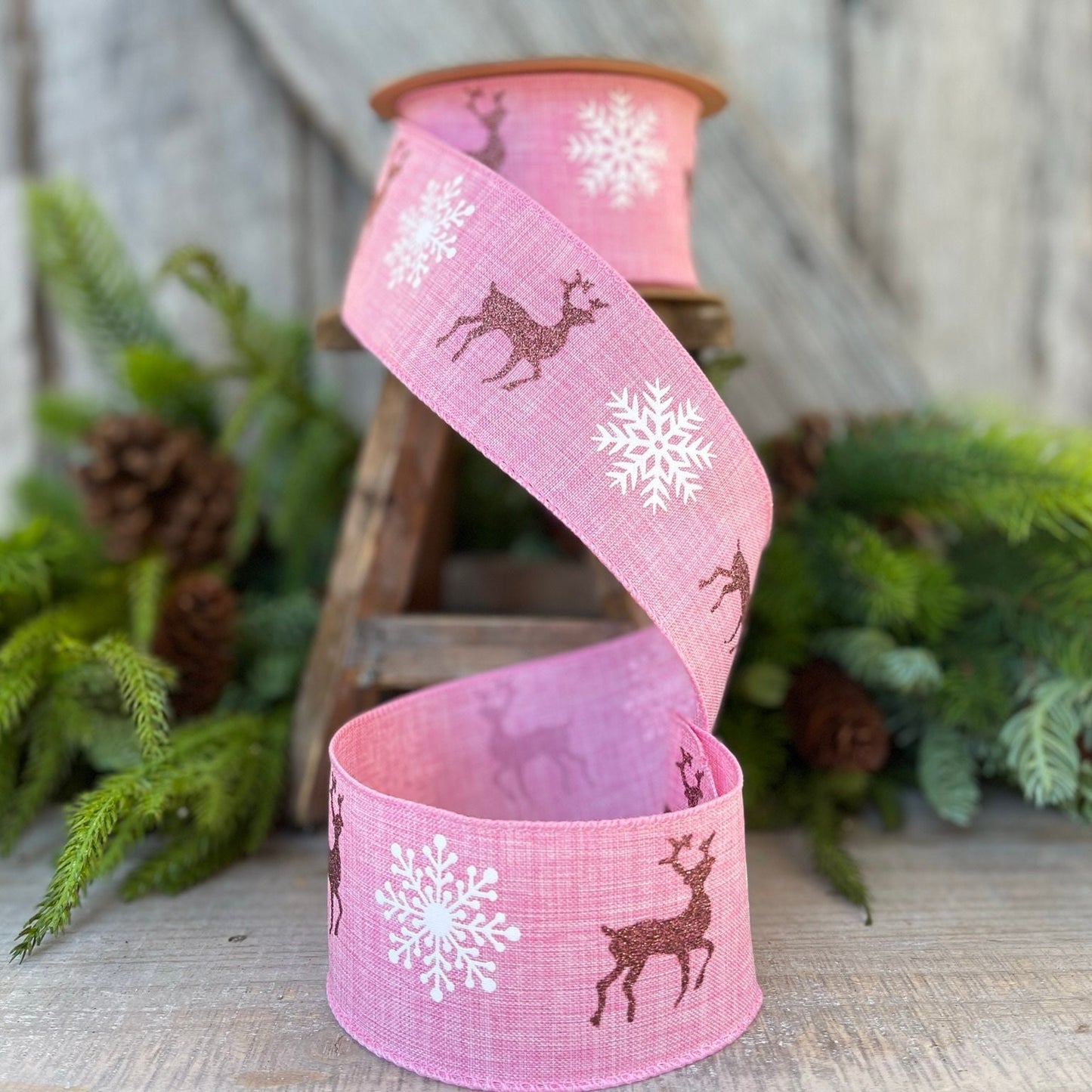 2.5" Pink Deer Christmas RIbbon, Wired Ribbon, Christmas Ribbon with Deer