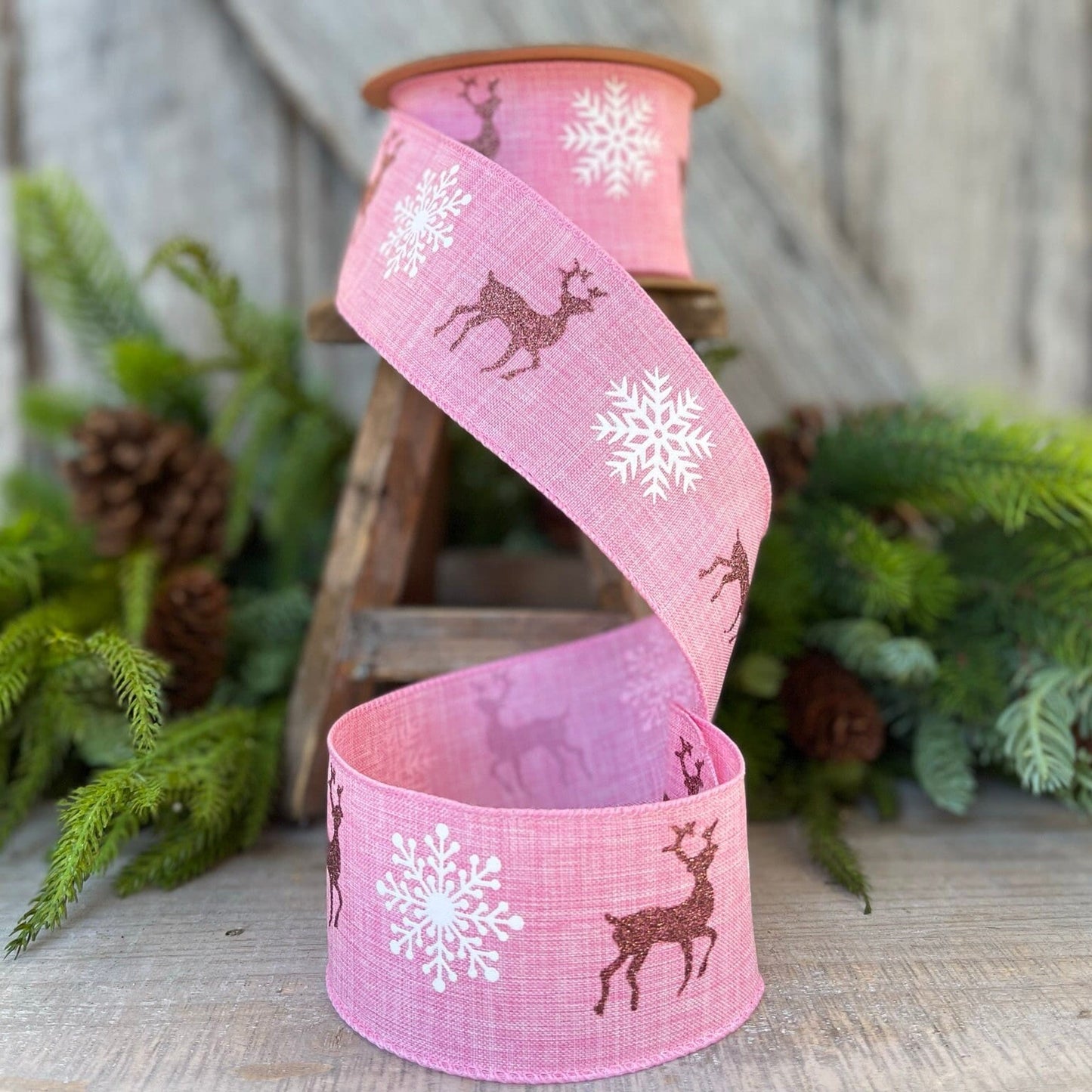 2.5" Pink Deer Christmas RIbbon, Wired Ribbon, Christmas Ribbon with Deer