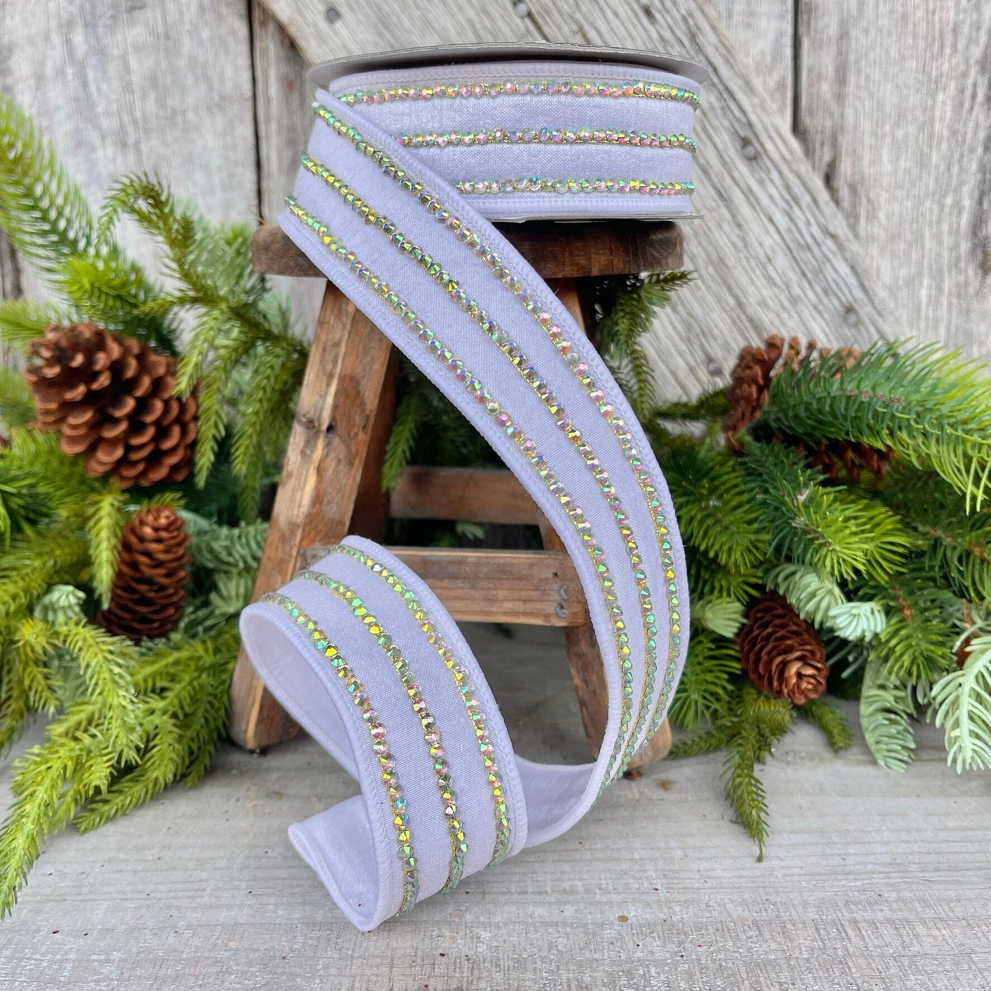 1.5" White Iridescent Jeweled Stripe Ribbon, Farrisilk Ribbon