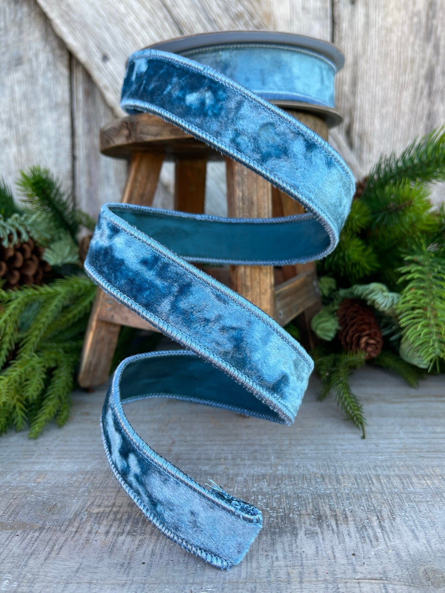 1" Steel Blue Silky Velvet, Farrisilk Velvet, Designer Ribbon