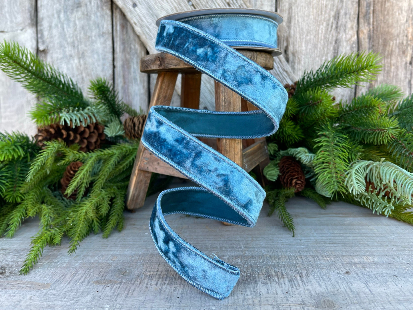 1" Steel Blue Silky Velvet, Farrisilk Velvet, Designer Ribbon