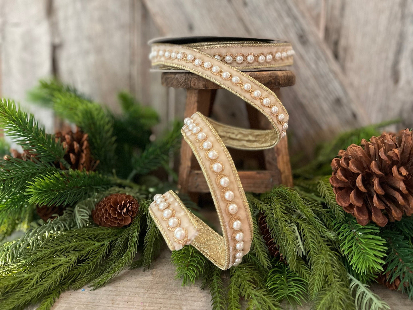 1" Cream Velvet Pearl Ribbon, Farrisilk Ribbon, Pearl Ribbon