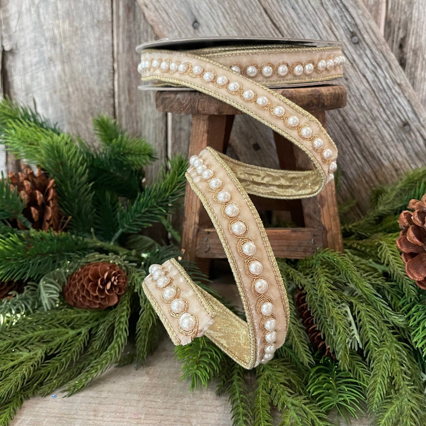 1" Cream Velvet Pearl Ribbon, Farrisilk Ribbon, Pearl Ribbon