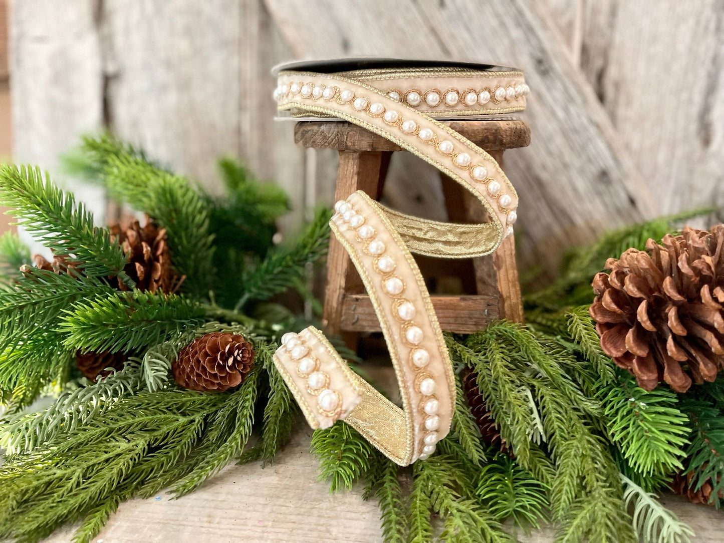 1" Cream Velvet Pearl Ribbon, Farrisilk Ribbon, Pearl Ribbon