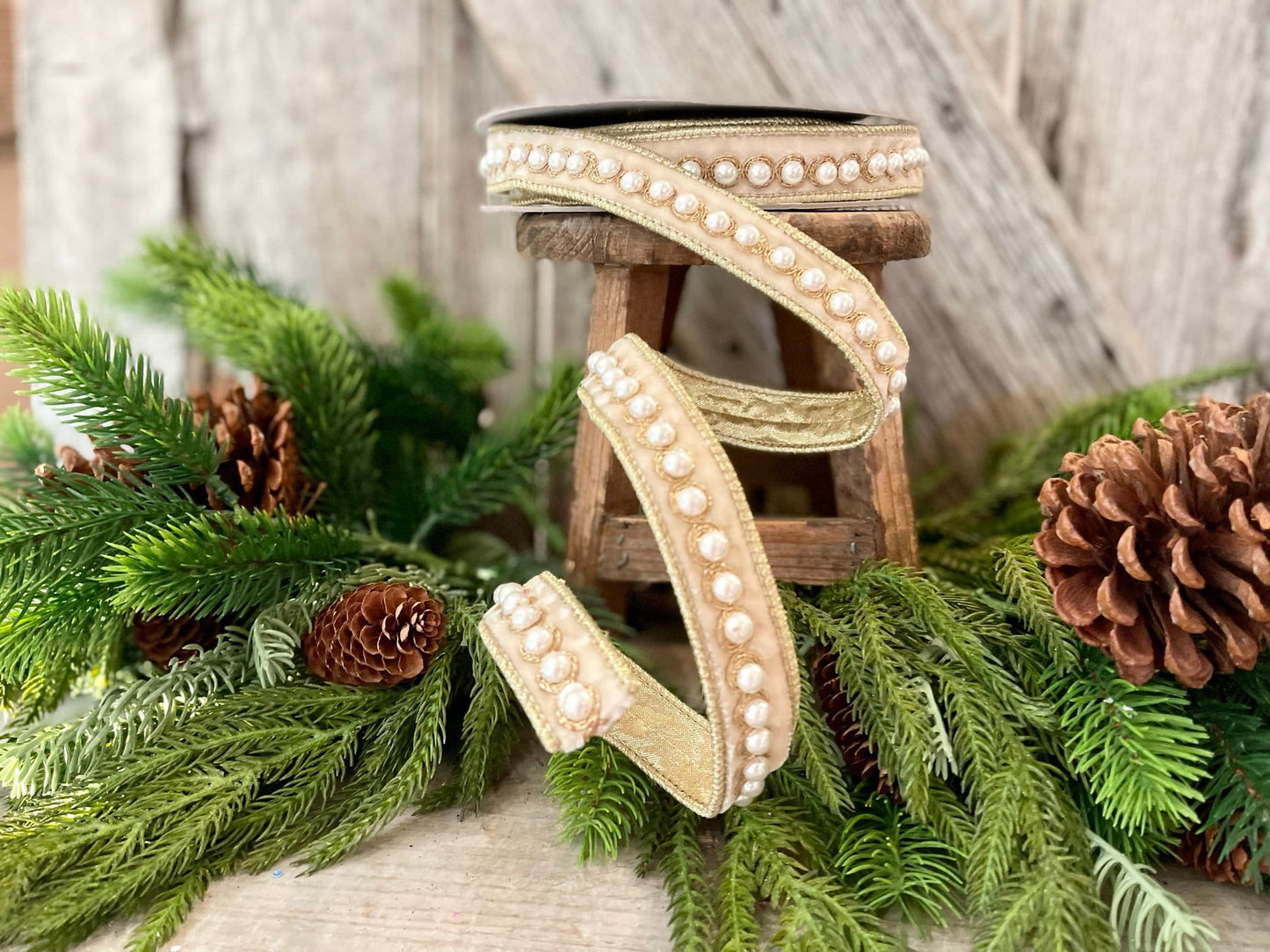 1" Cream Velvet Pearl Ribbon, Farrisilk Ribbon, Pearl Ribbon