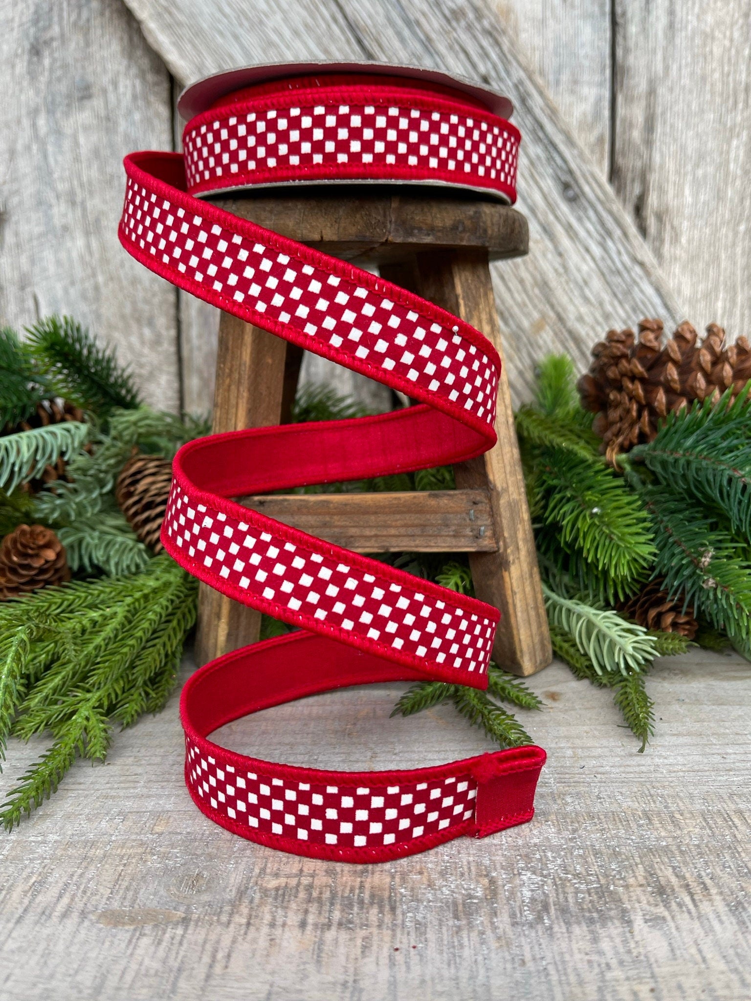 1" Red Mini Checkered Ribbon, Farrisilk Ribbon, Check Ribbon