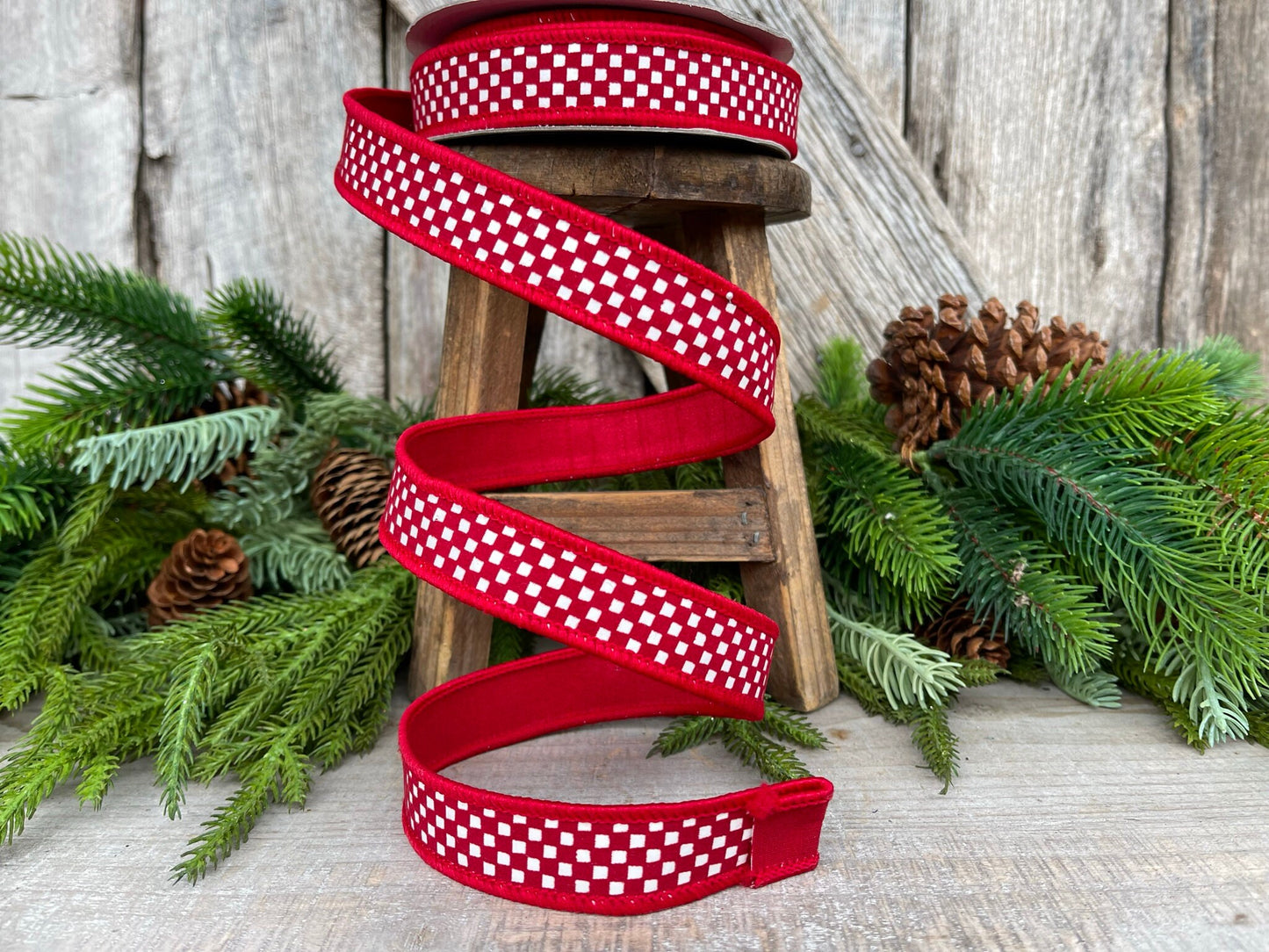1" Red Mini Checkered Ribbon, Farrisilk Ribbon, Check Ribbon