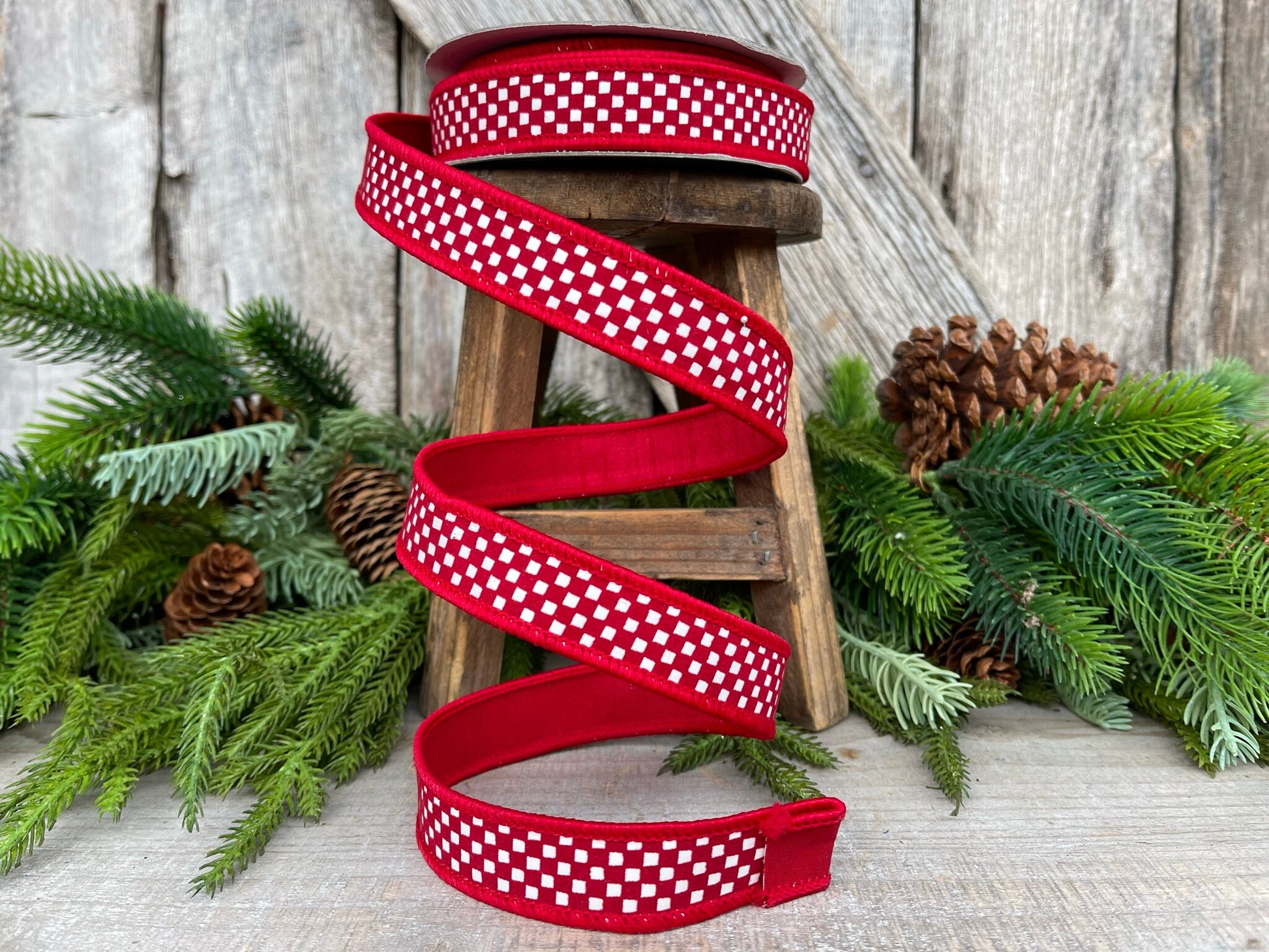 1" Red Mini Checkered Ribbon, Farrisilk Ribbon, Check Ribbon