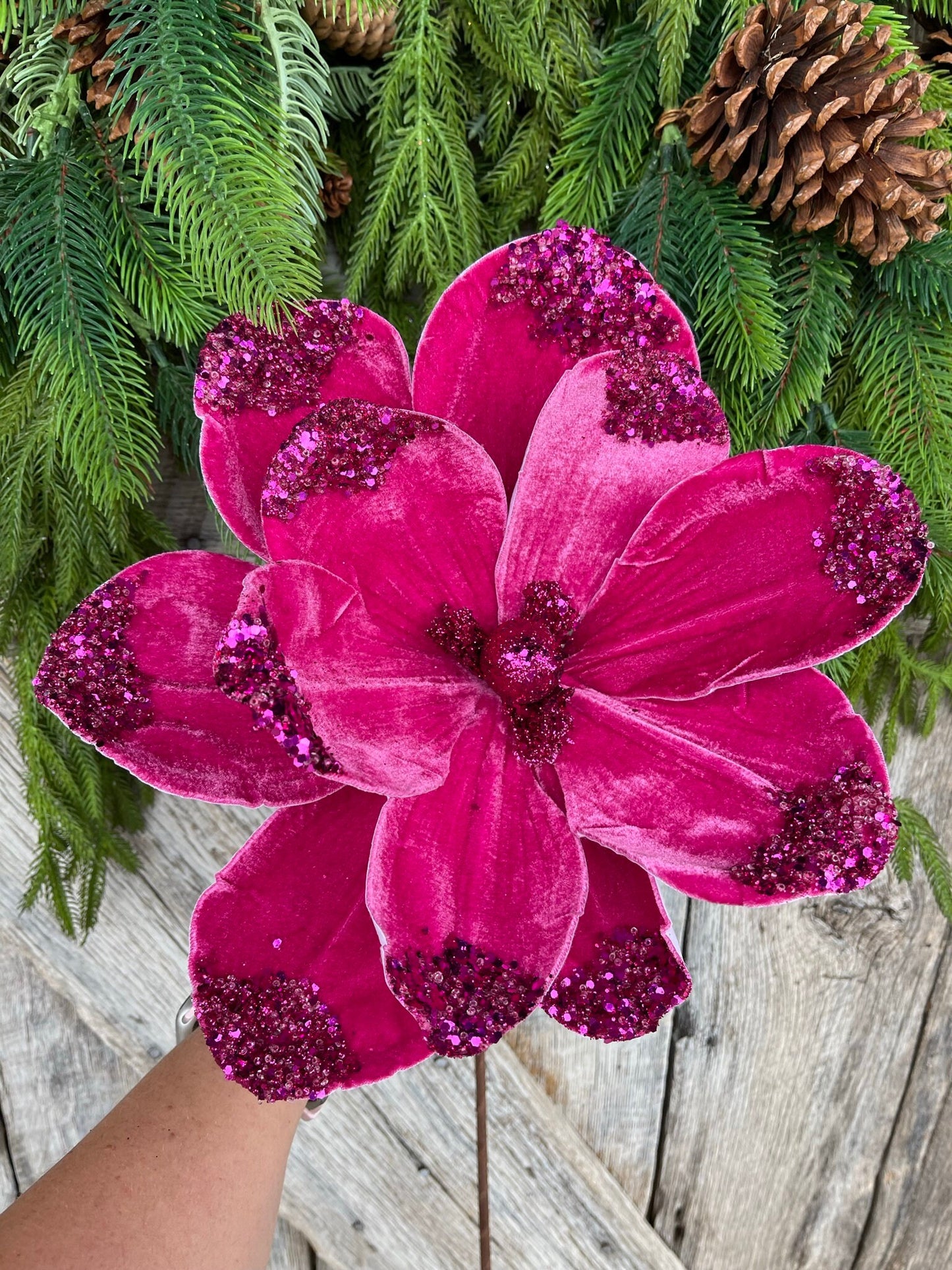 21" Hot Pink Velvet Magnolia, Christmas Magnolia, Faux Magnolia Stem