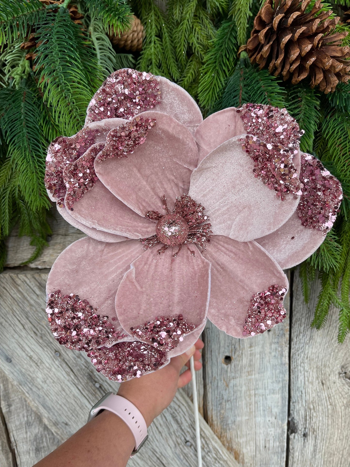 21" Light Pink Velvet Magnolia, Christmas Magnolia, Faux Magnolia Stem