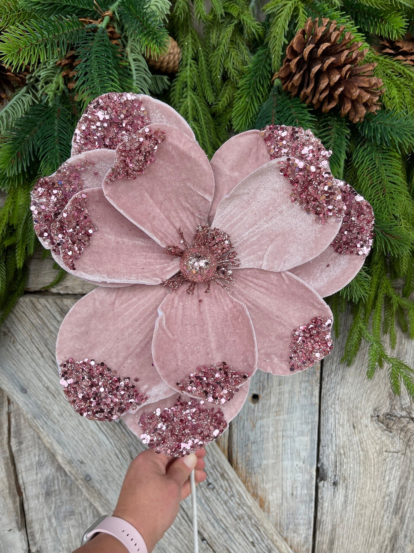 21" Light Pink Velvet Magnolia, Christmas Magnolia, Faux Magnolia Stem
