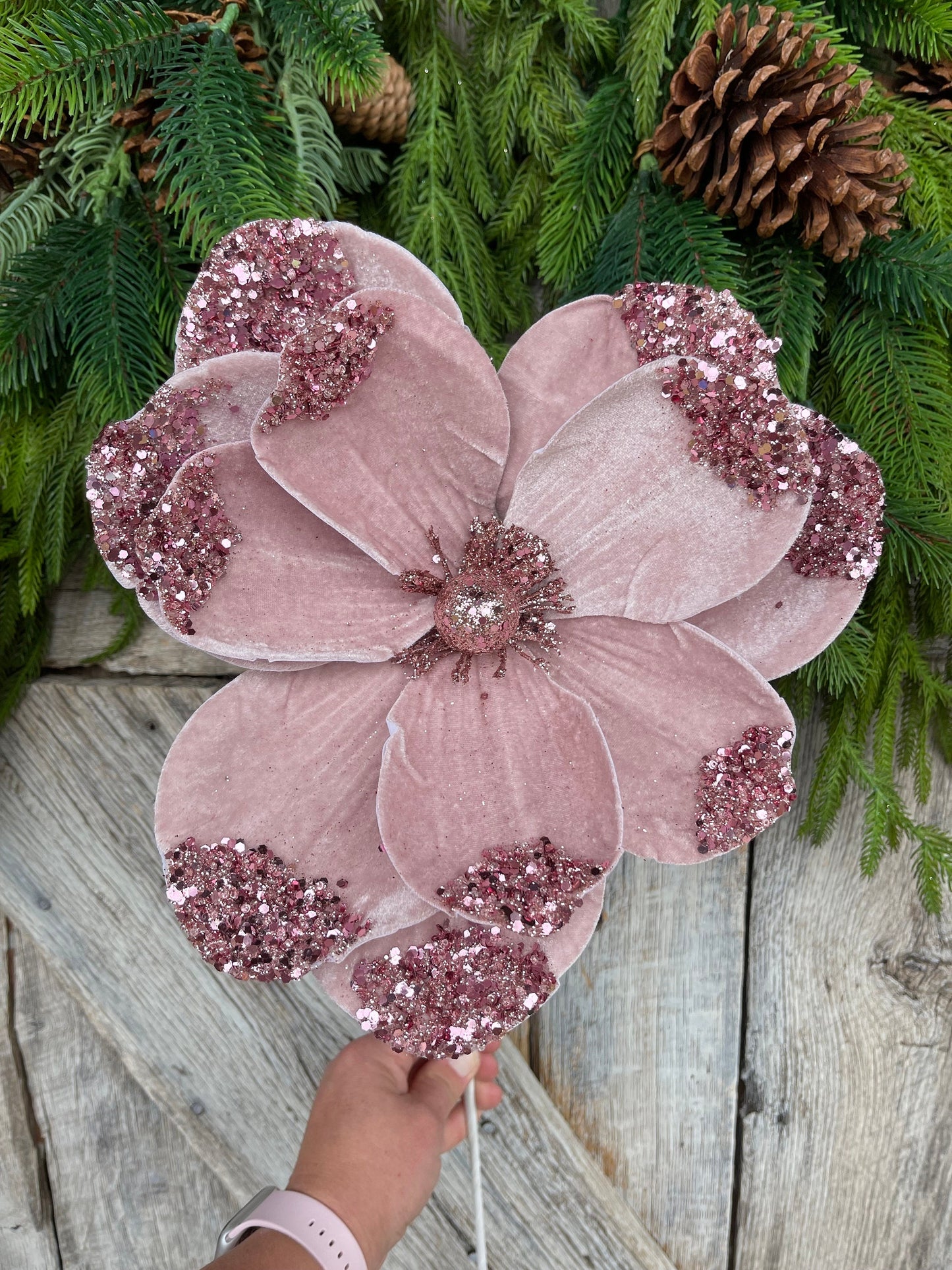 21" Light Pink Velvet Magnolia, Christmas Magnolia, Faux Magnolia Stem