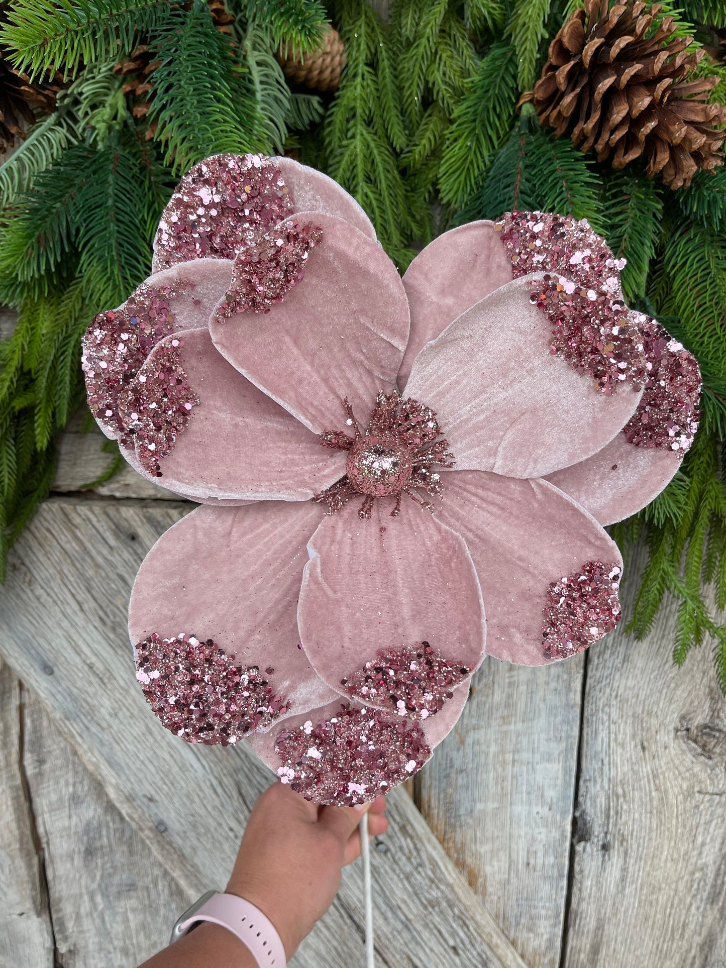 21" Light Pink Velvet Magnolia, Christmas Magnolia, Faux Magnolia Stem