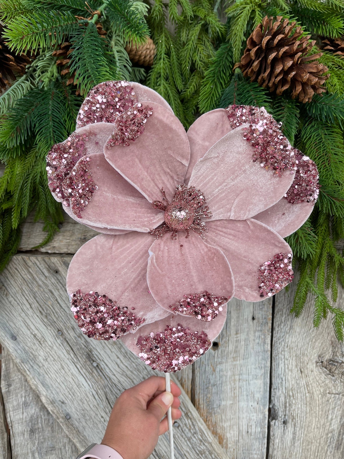 21" Light Pink Velvet Magnolia, Christmas Magnolia, Faux Magnolia Stem